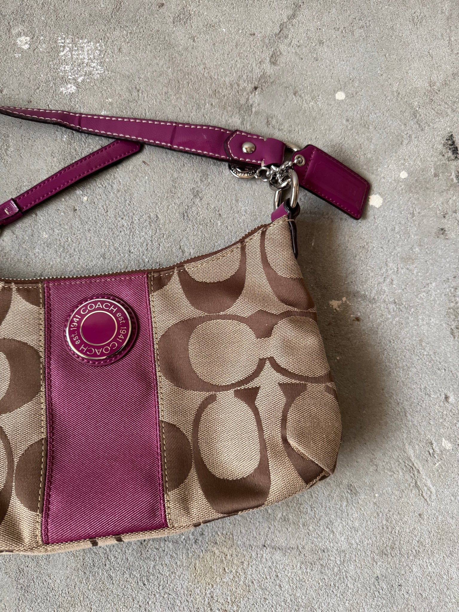 Coach 2Way Signature Strip Shoulder Bag Beige/Purple