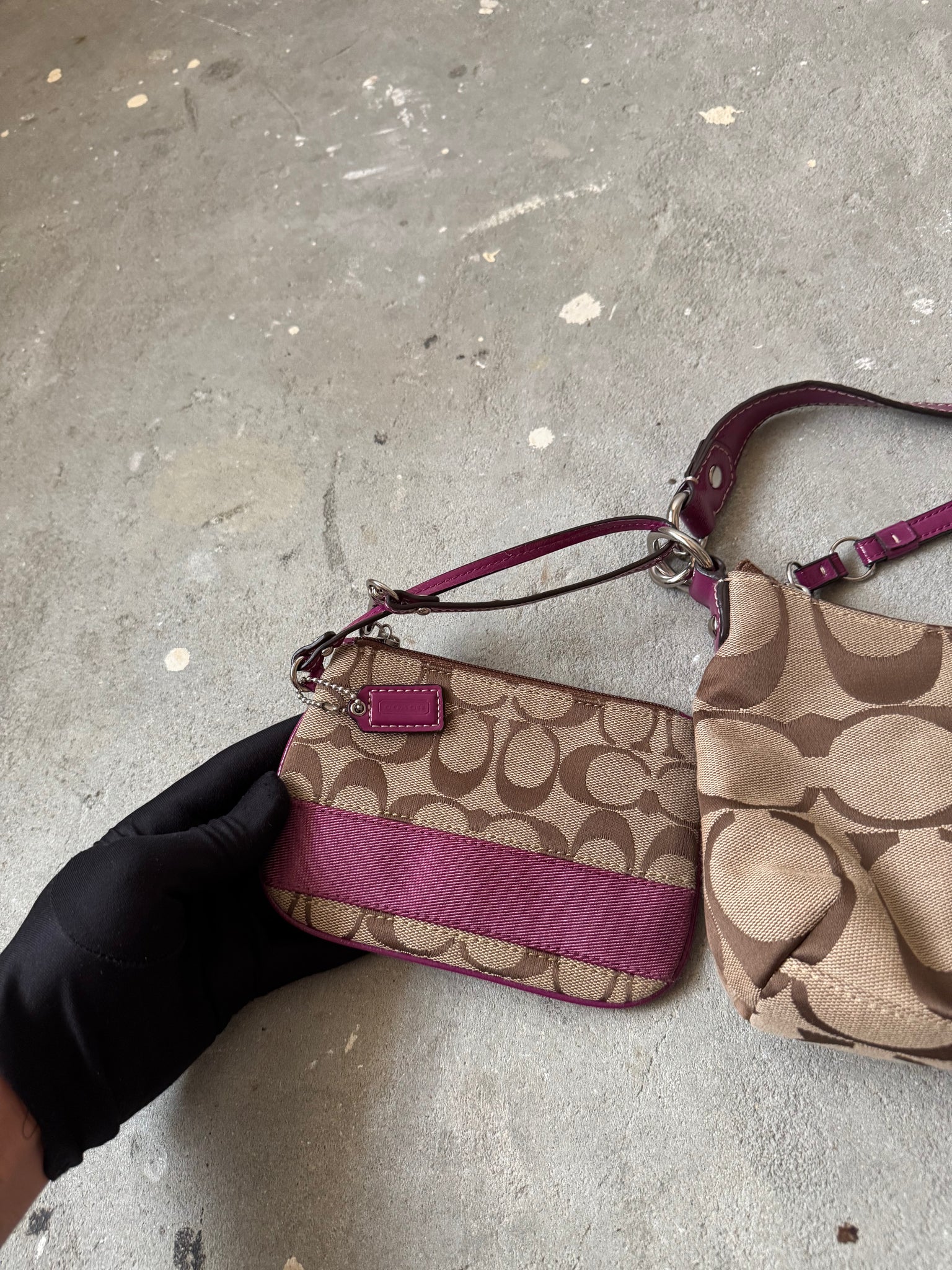 Coach 2Way Signature Strip Shoulder Bag Beige/Purple