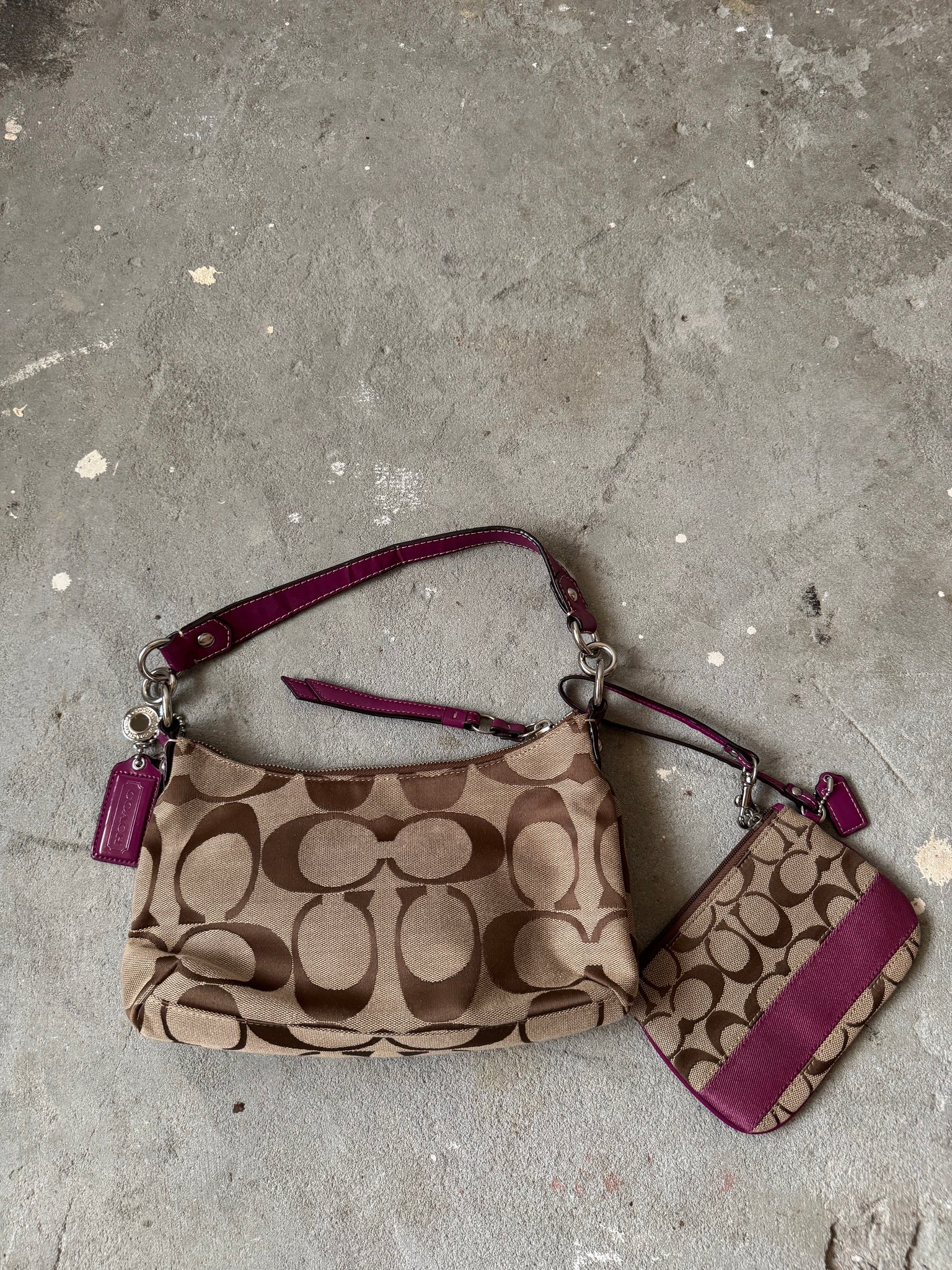 Coach 2Way Signature Strip Shoulder Bag Beige/Purple