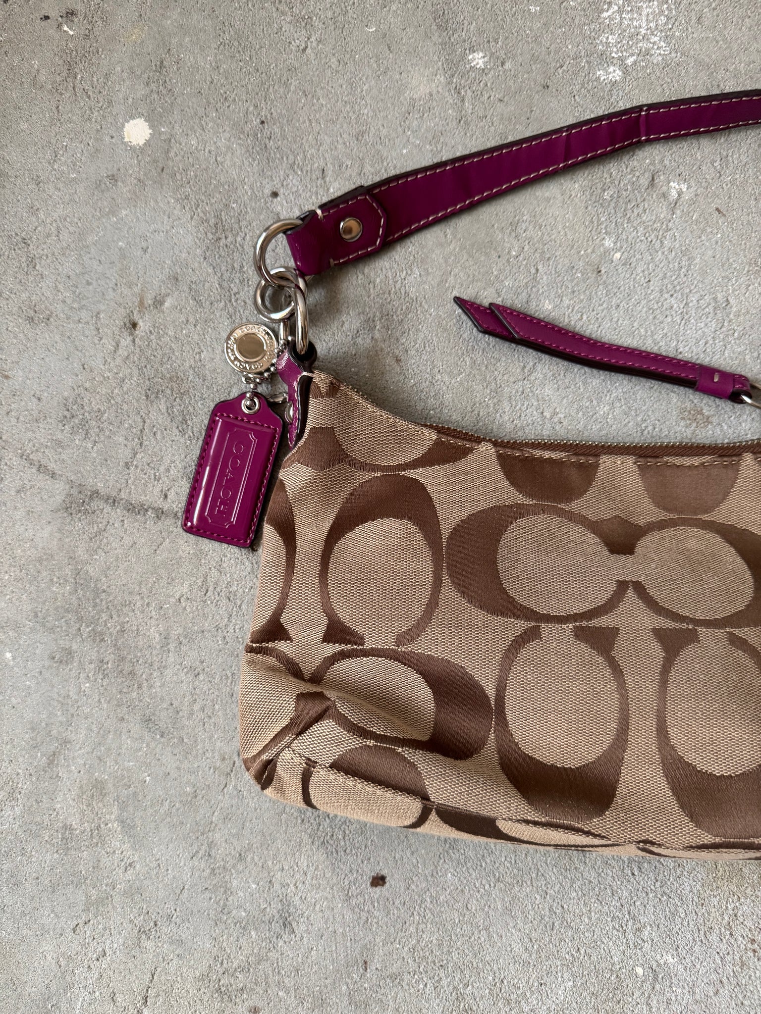 Coach 2Way Signature Strip Shoulder Bag Beige/Purple