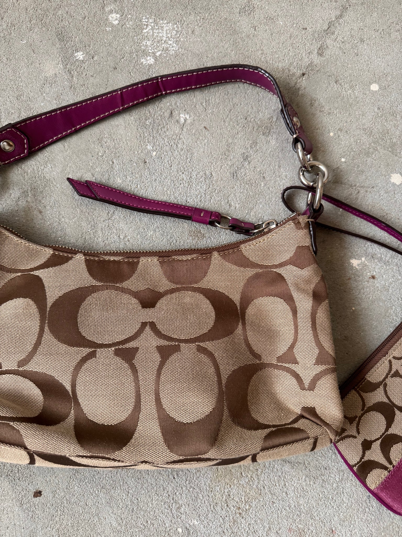 Coach 2Way Signature Strip Shoulder Bag Beige/Purple