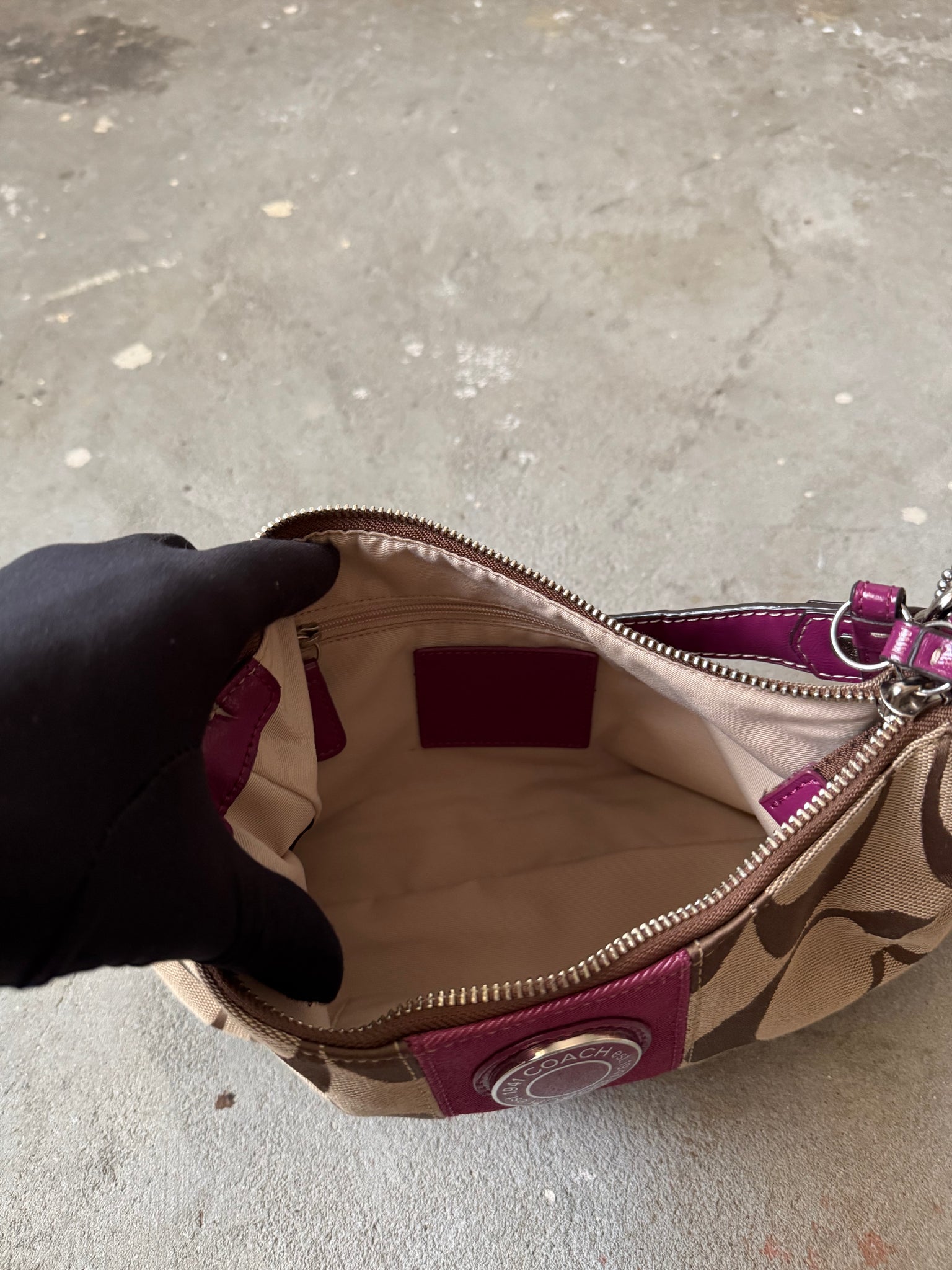 Coach 2Way Signature Strip Shoulder Bag Beige/Purple