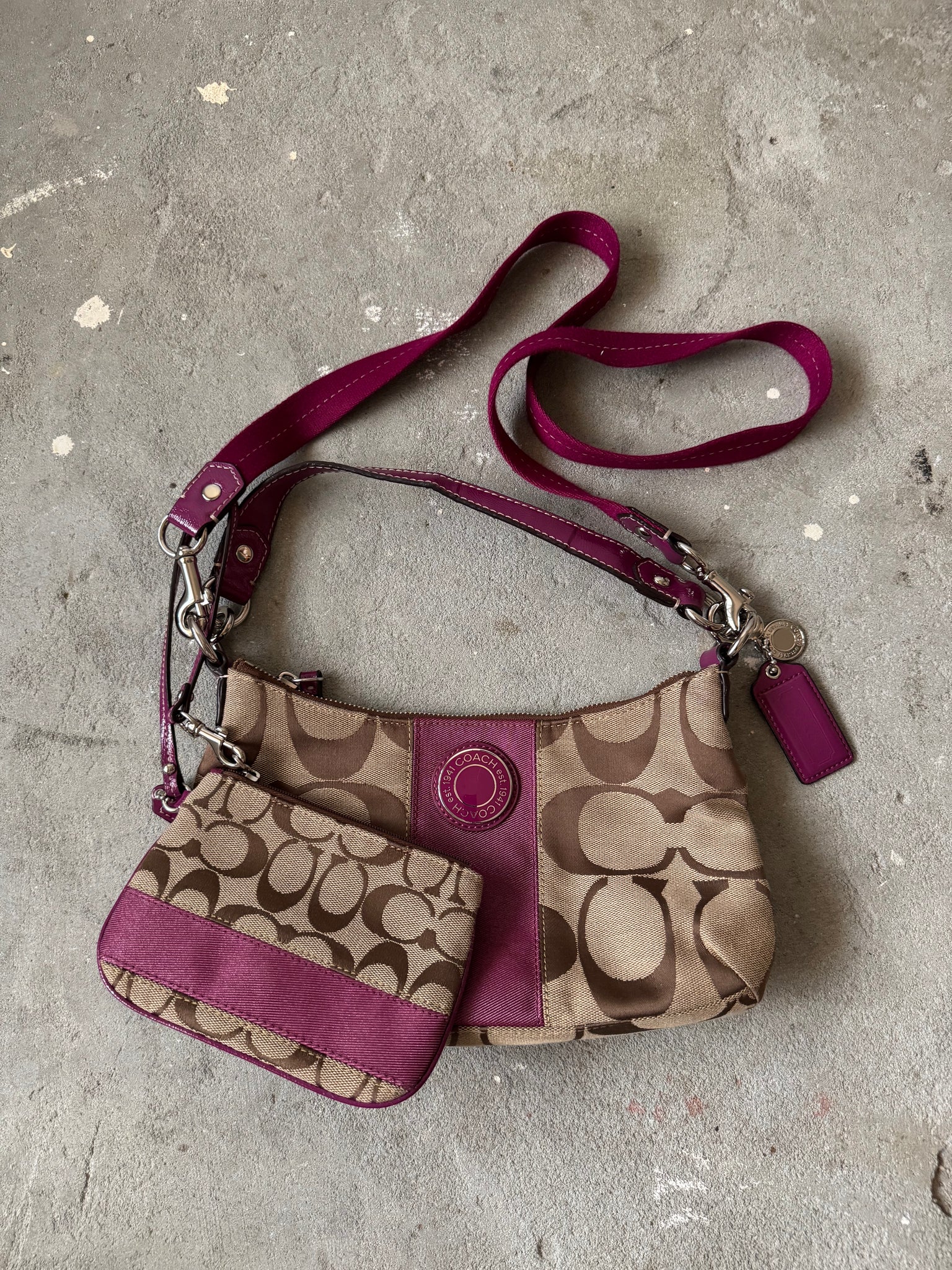 Coach 2Way Signature Strip Shoulder Bag Beige/Purple