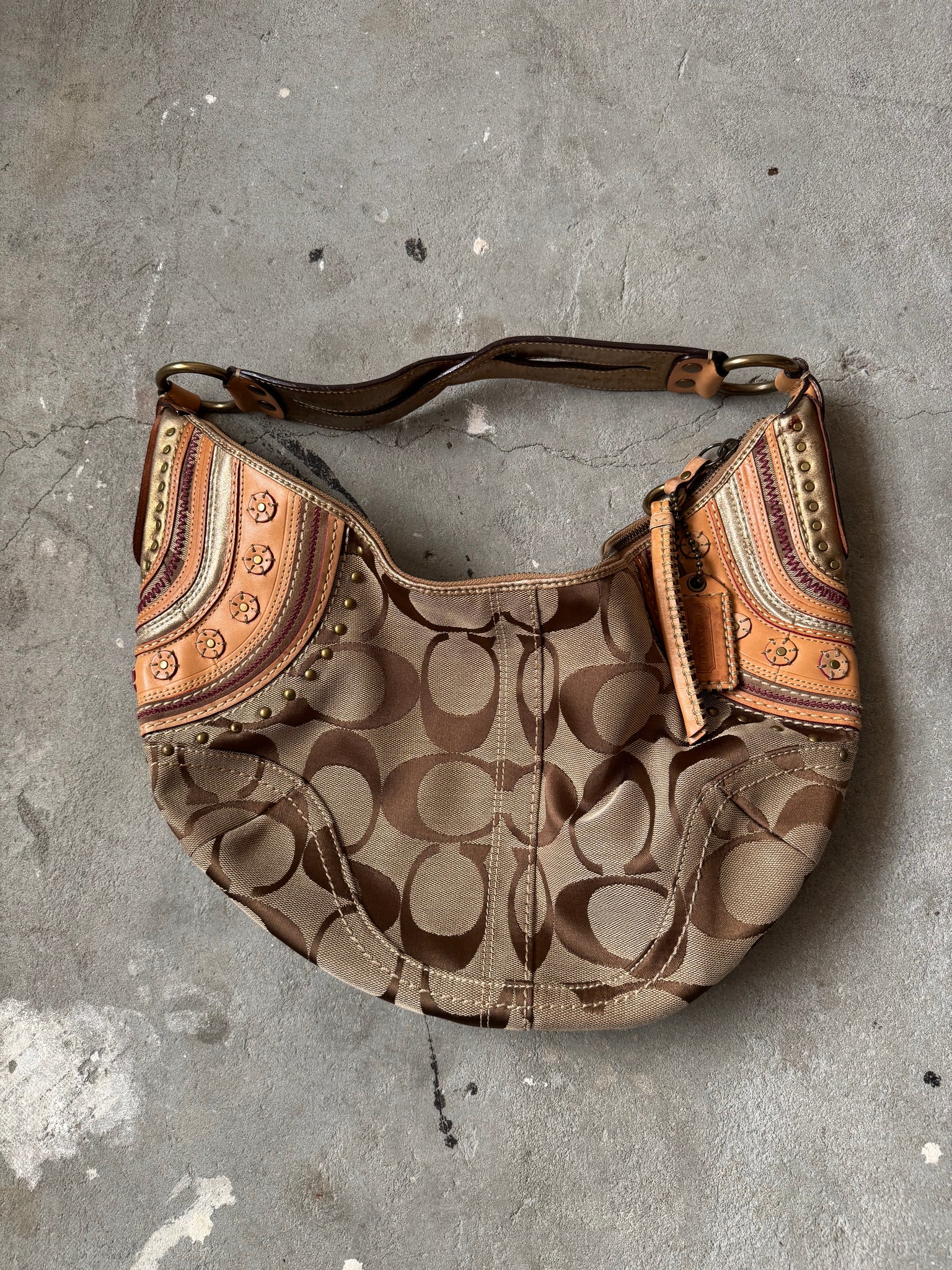 Coach Signature Stud Hobo Patchwork Shoulder Bag Beige