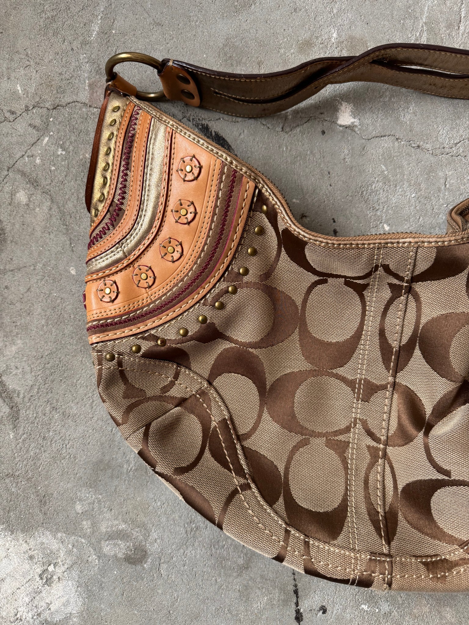 Coach Signature Stud Hobo Patchwork Shoulder Bag Beige