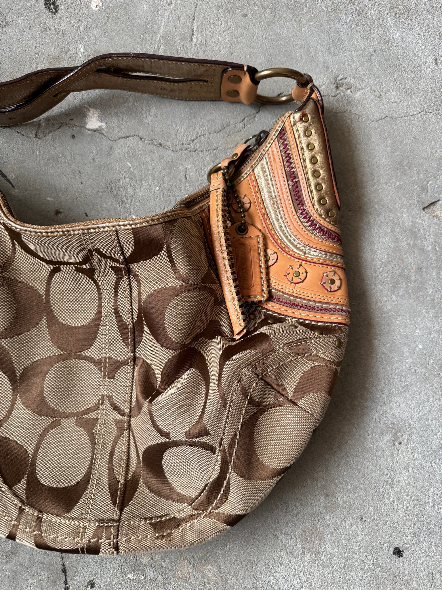 Coach Signature Stud Hobo Patchwork Shoulder Bag Beige