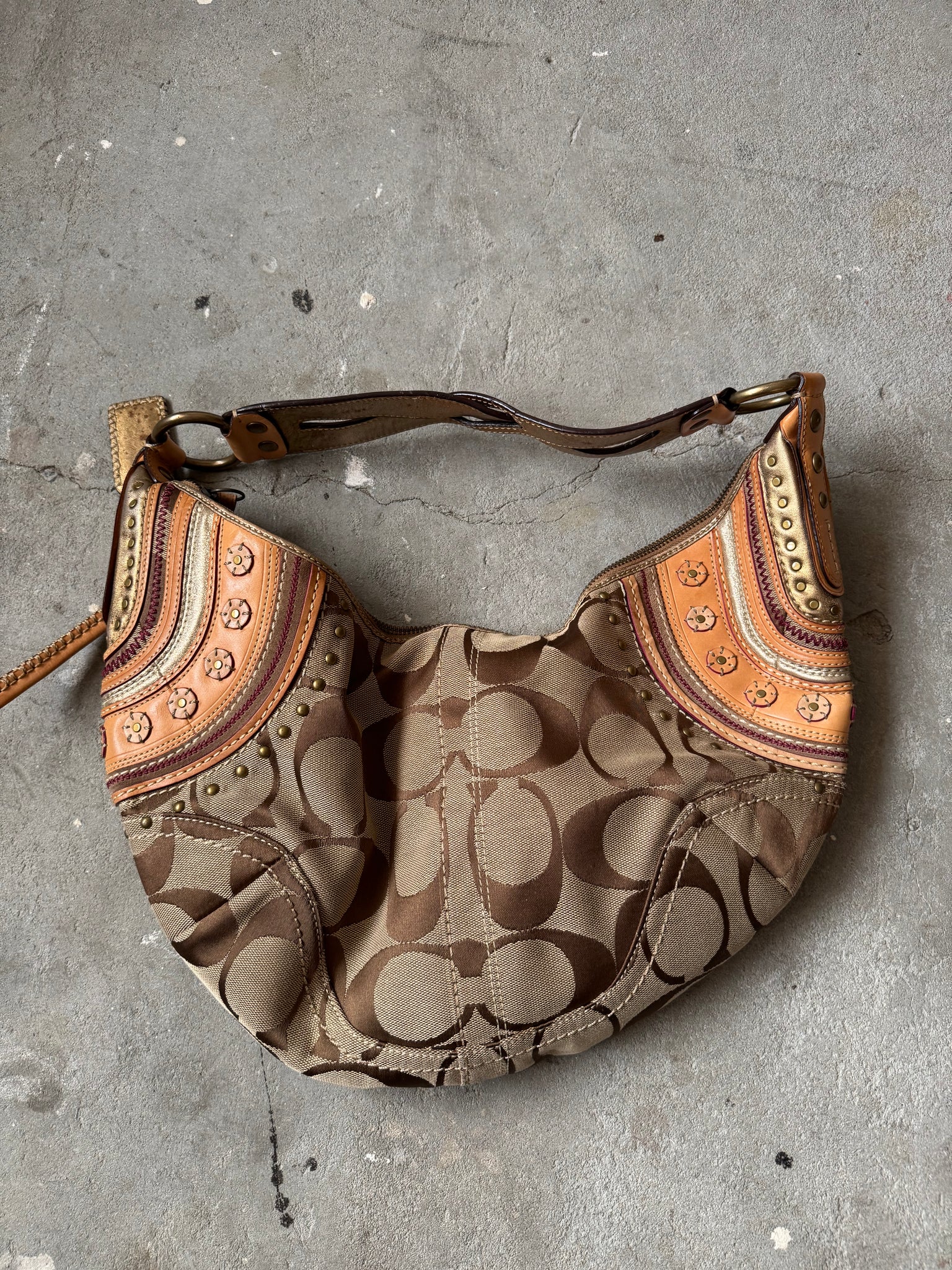 Coach Signature Stud Hobo Patchwork Shoulder Bag Beige