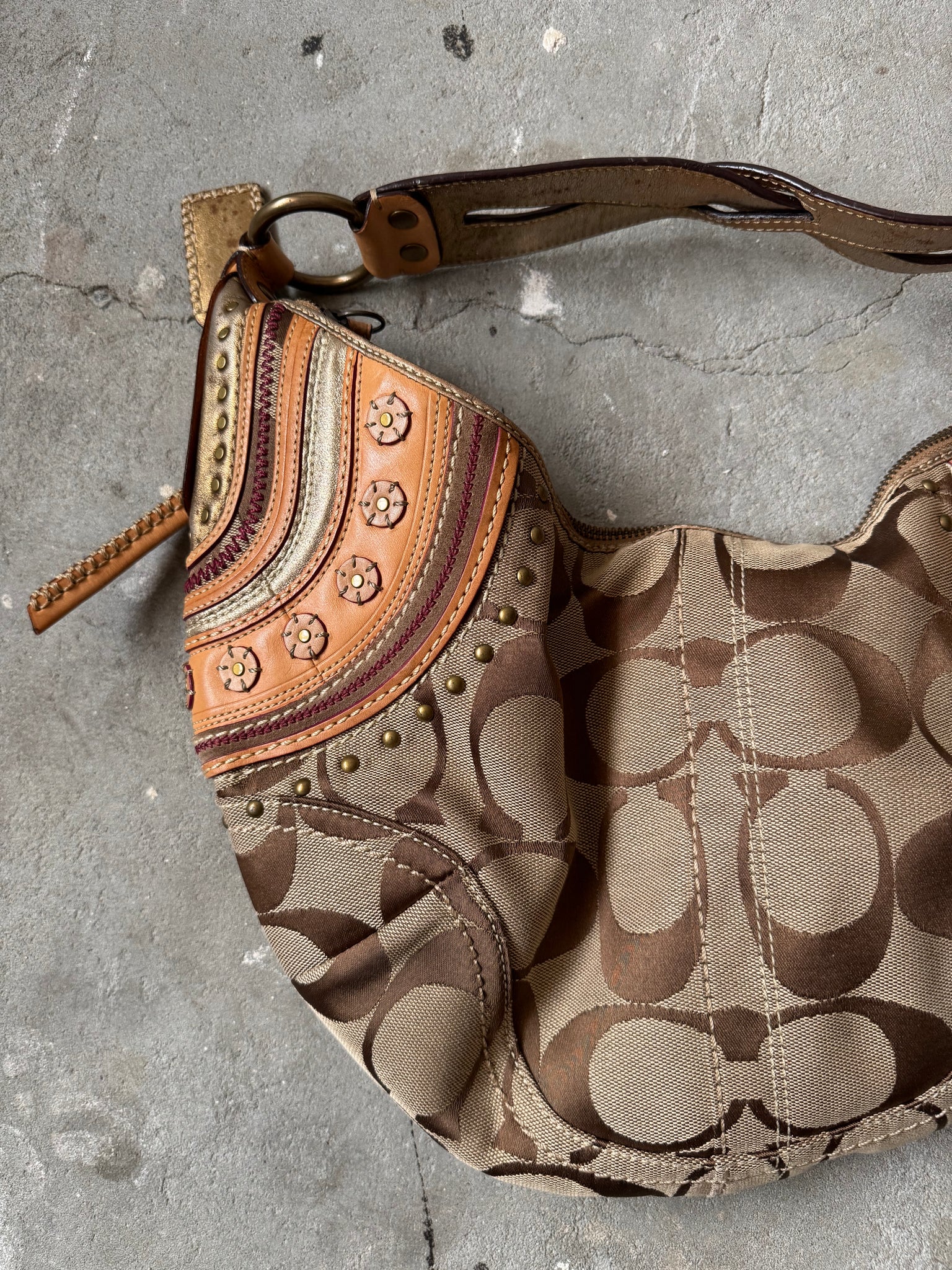 Coach Signature Stud Hobo Patchwork Shoulder Bag Beige