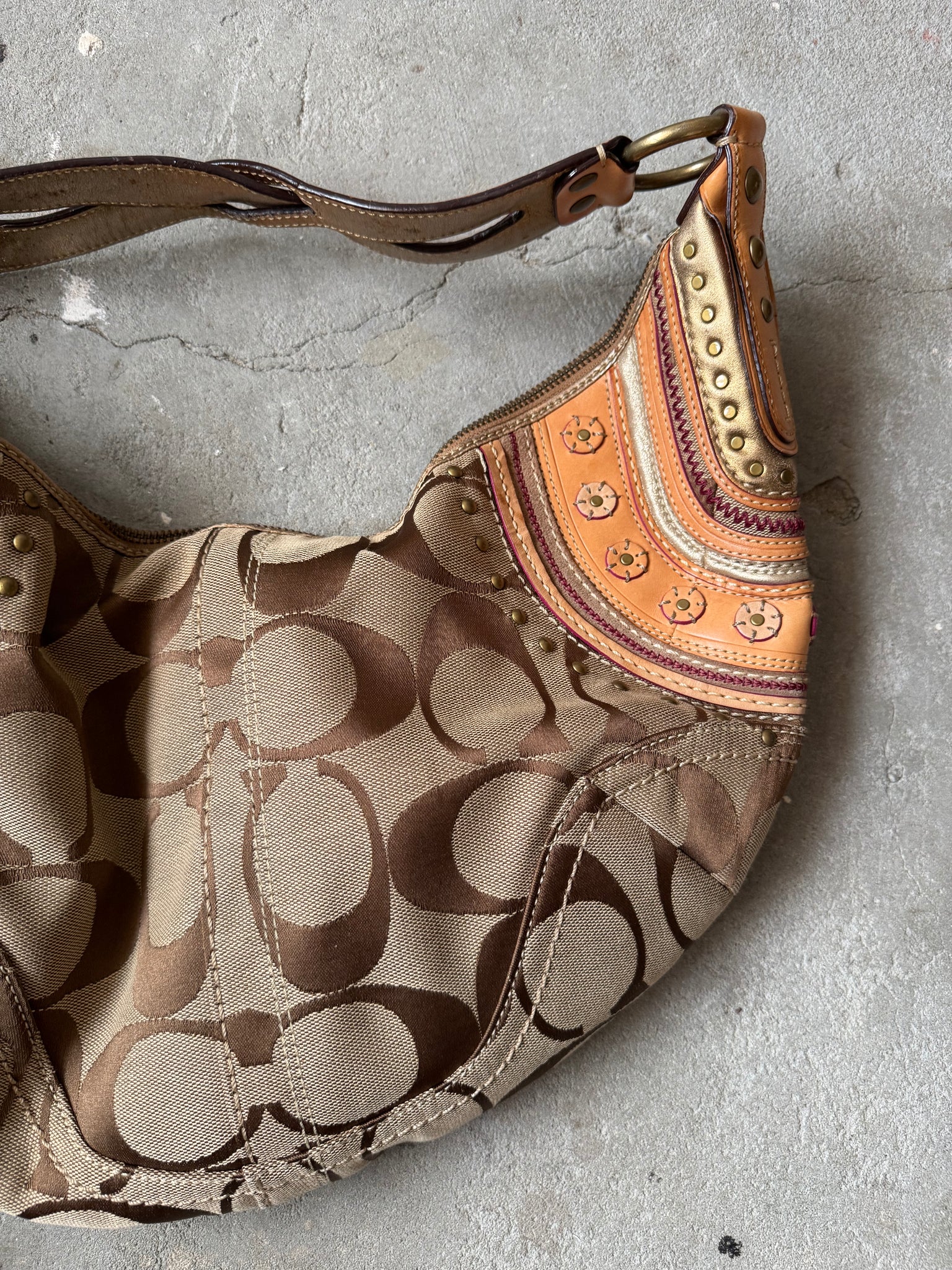 Coach Signature Stud Hobo Patchwork Shoulder Bag Beige