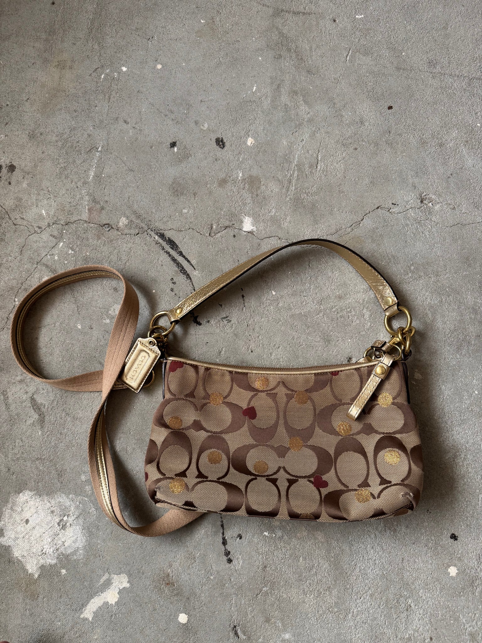 Coach 2Way Signature Heart Shoulder Bag Beige/Gold