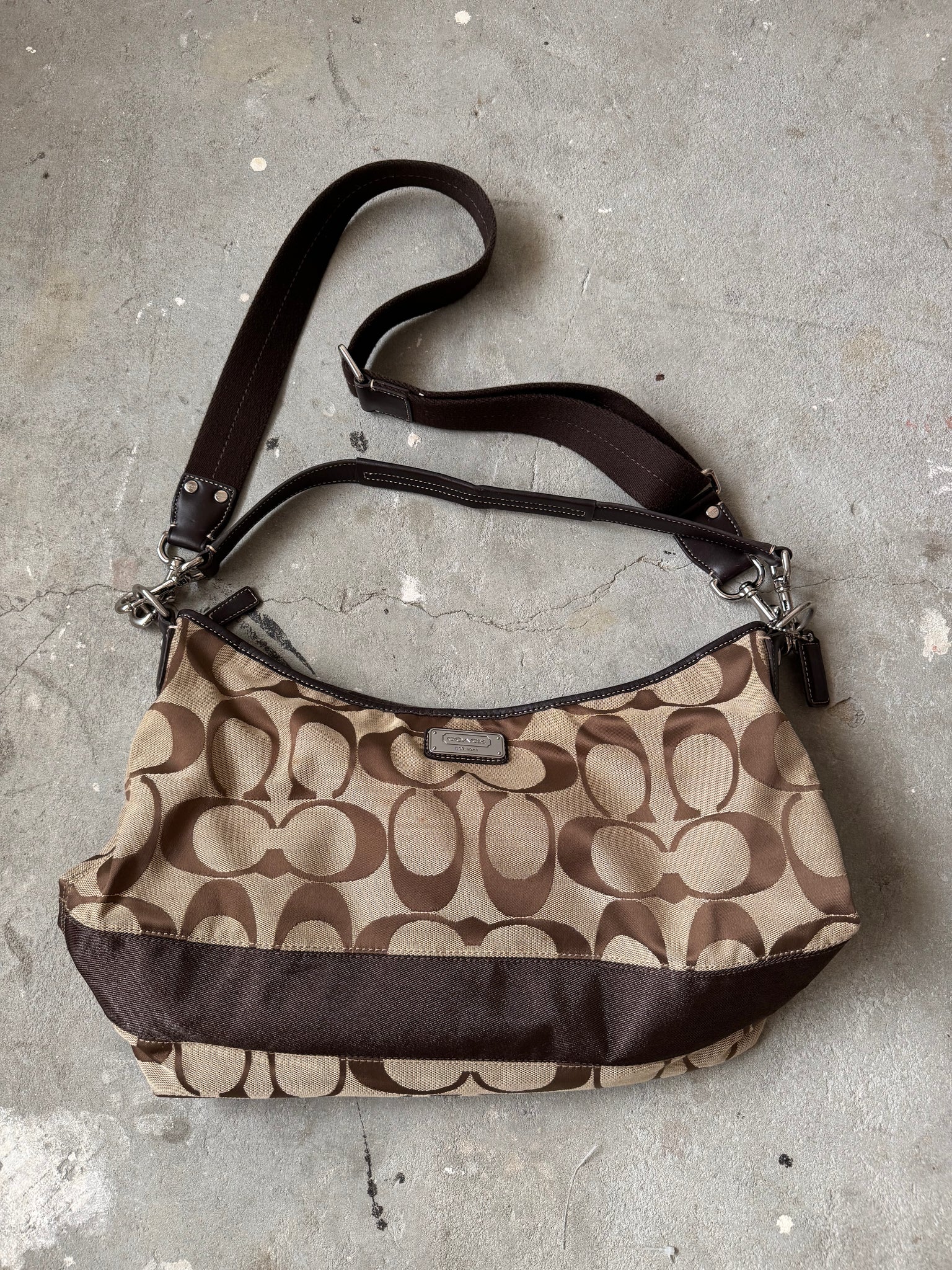 Coach 2Way Signature Large Stripe Shoulder Bag Beige/Brown