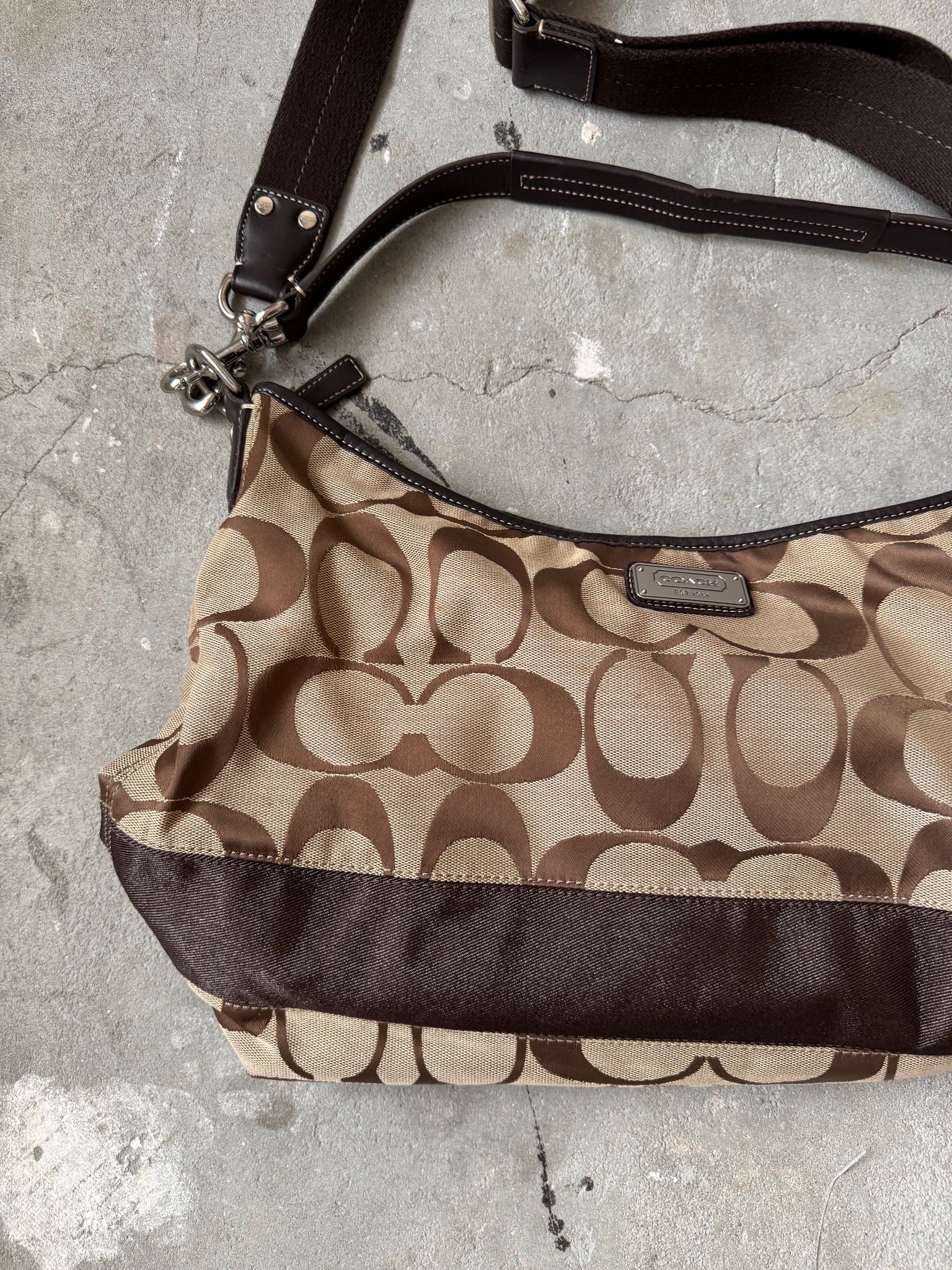 Coach 2Way Signature Large Stripe Shoulder Bag Beige/Brown