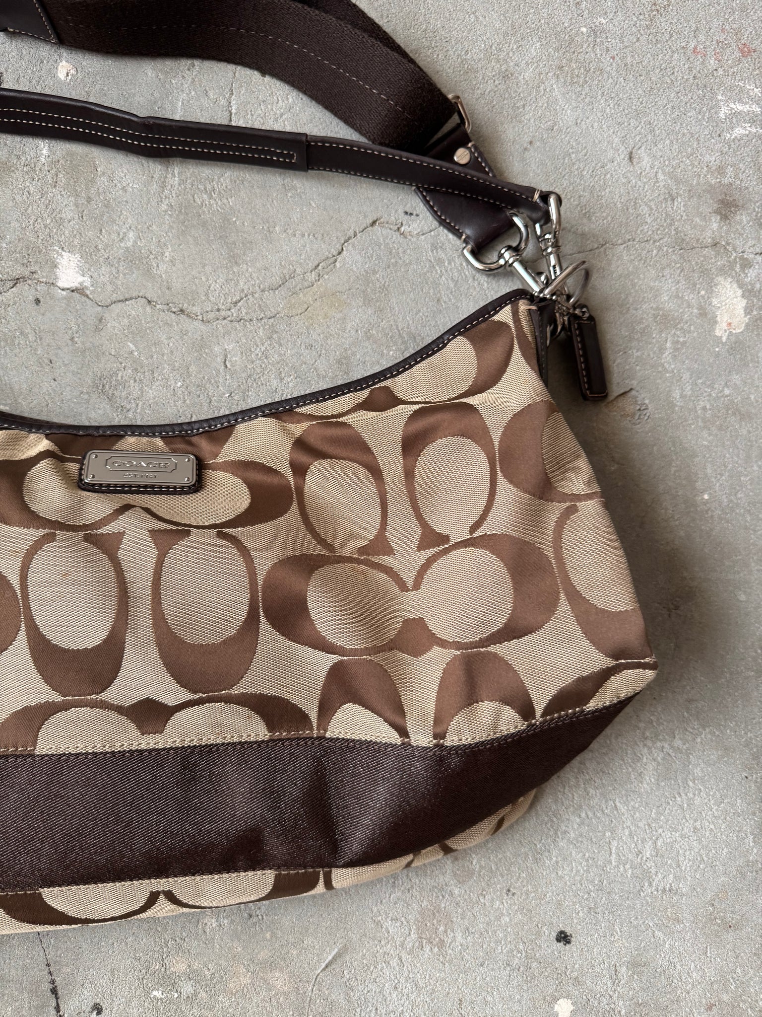 Coach 2Way Signature Large Stripe Shoulder Bag Beige/Brown