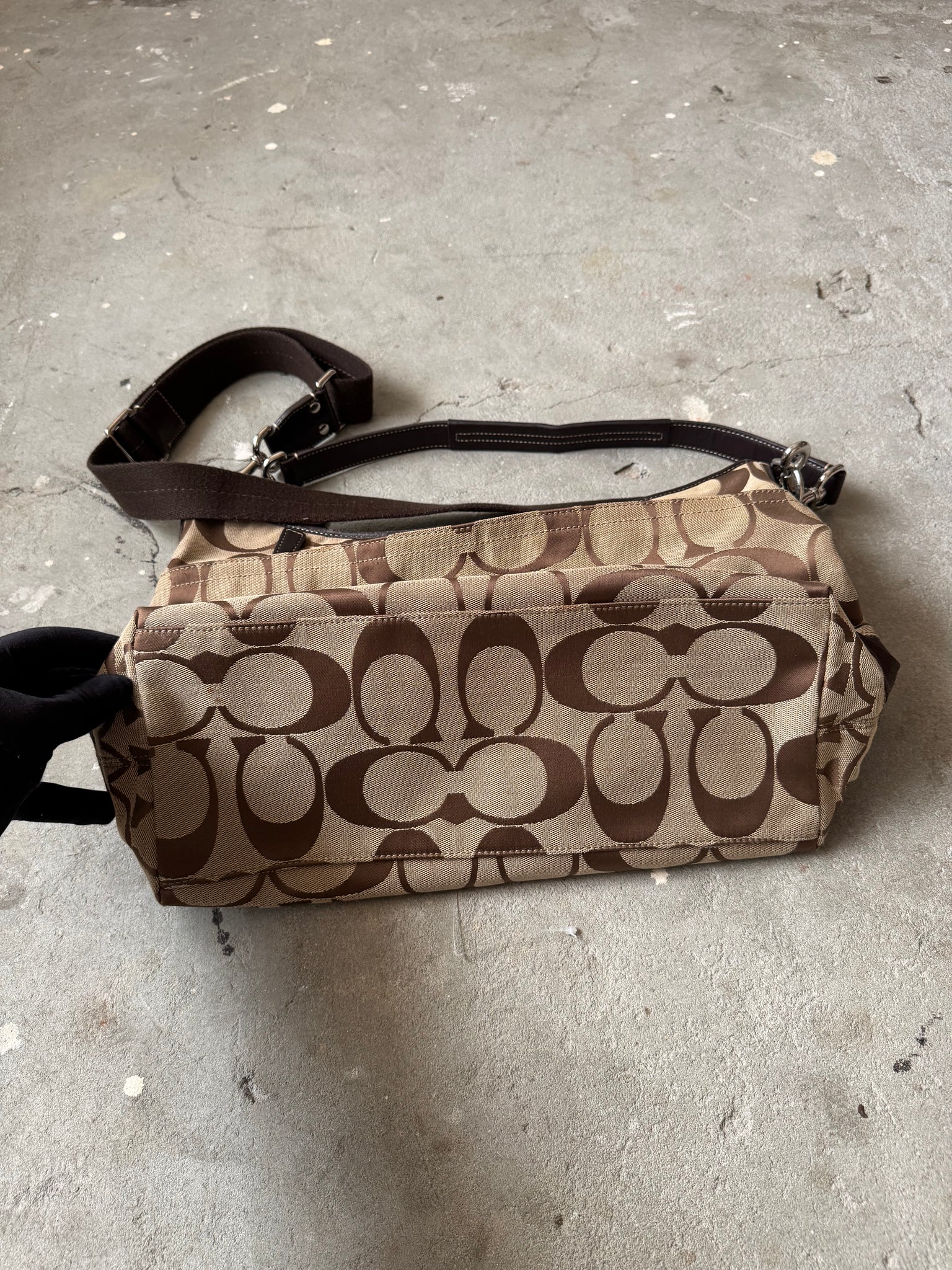 Coach 2Way Signature Large Stripe Shoulder Bag Beige/Brown