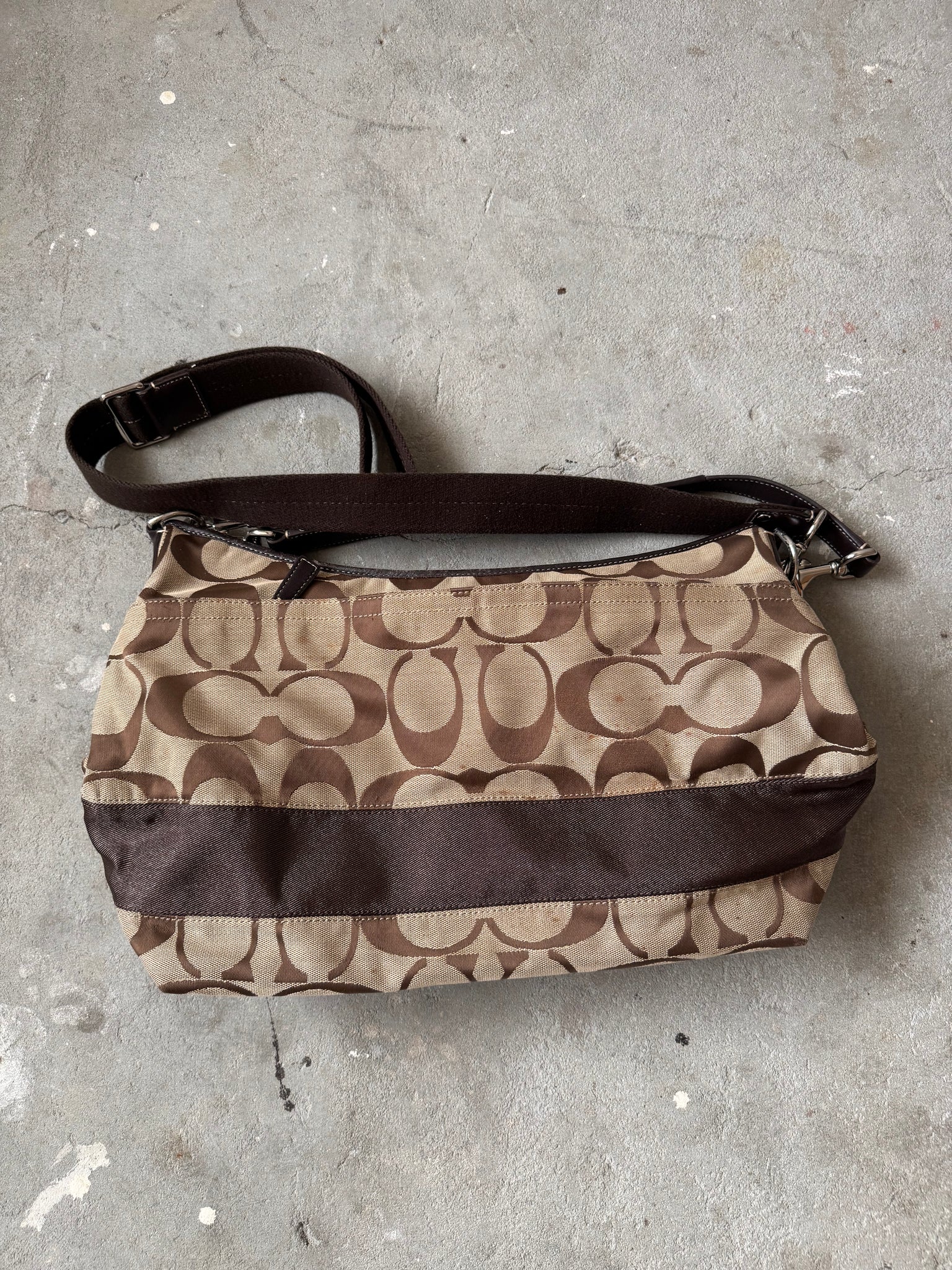 Coach 2Way Signature Large Stripe Shoulder Bag Beige/Brown