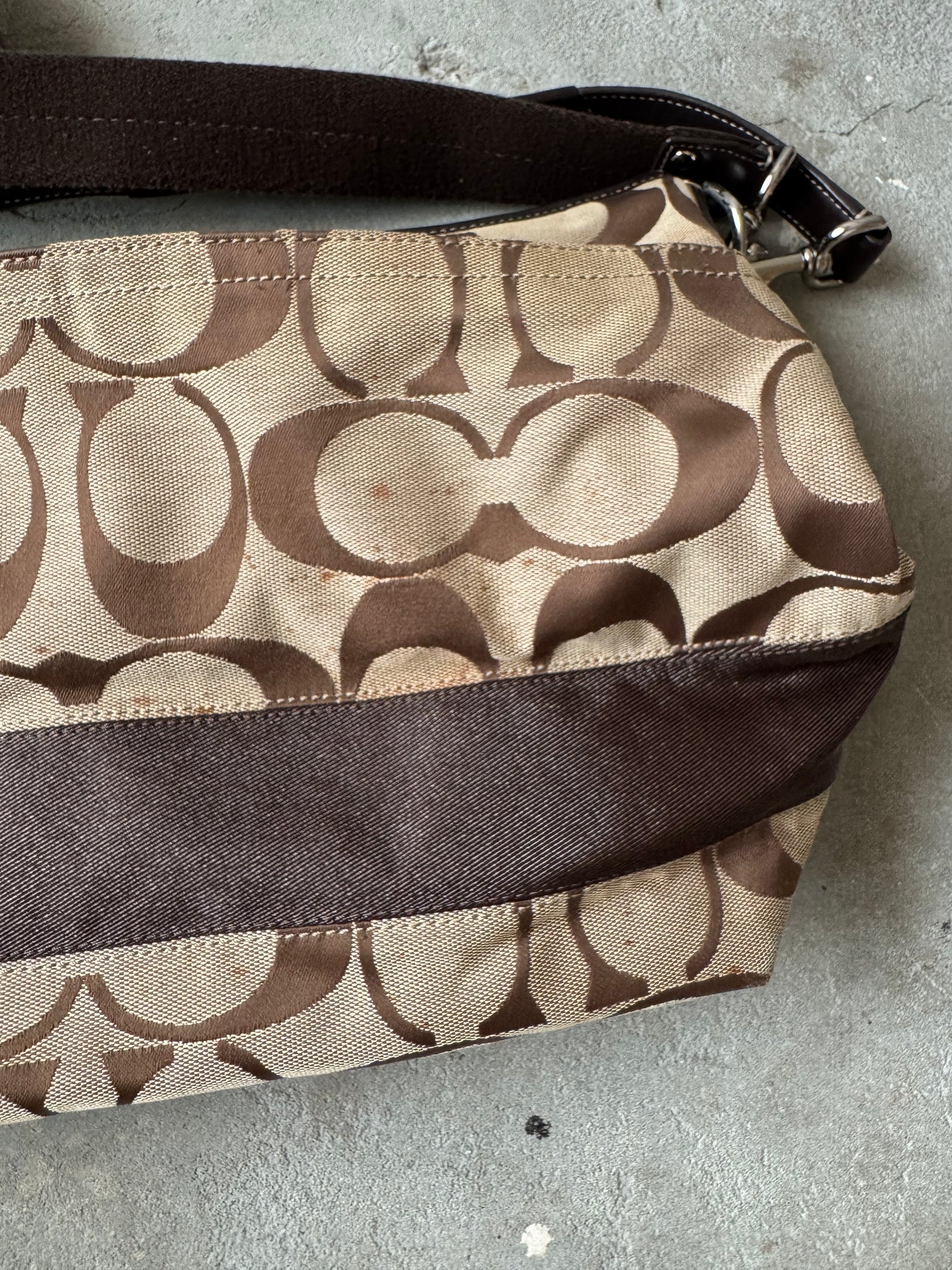 Coach 2Way Signature Large Stripe Shoulder Bag Beige/Brown