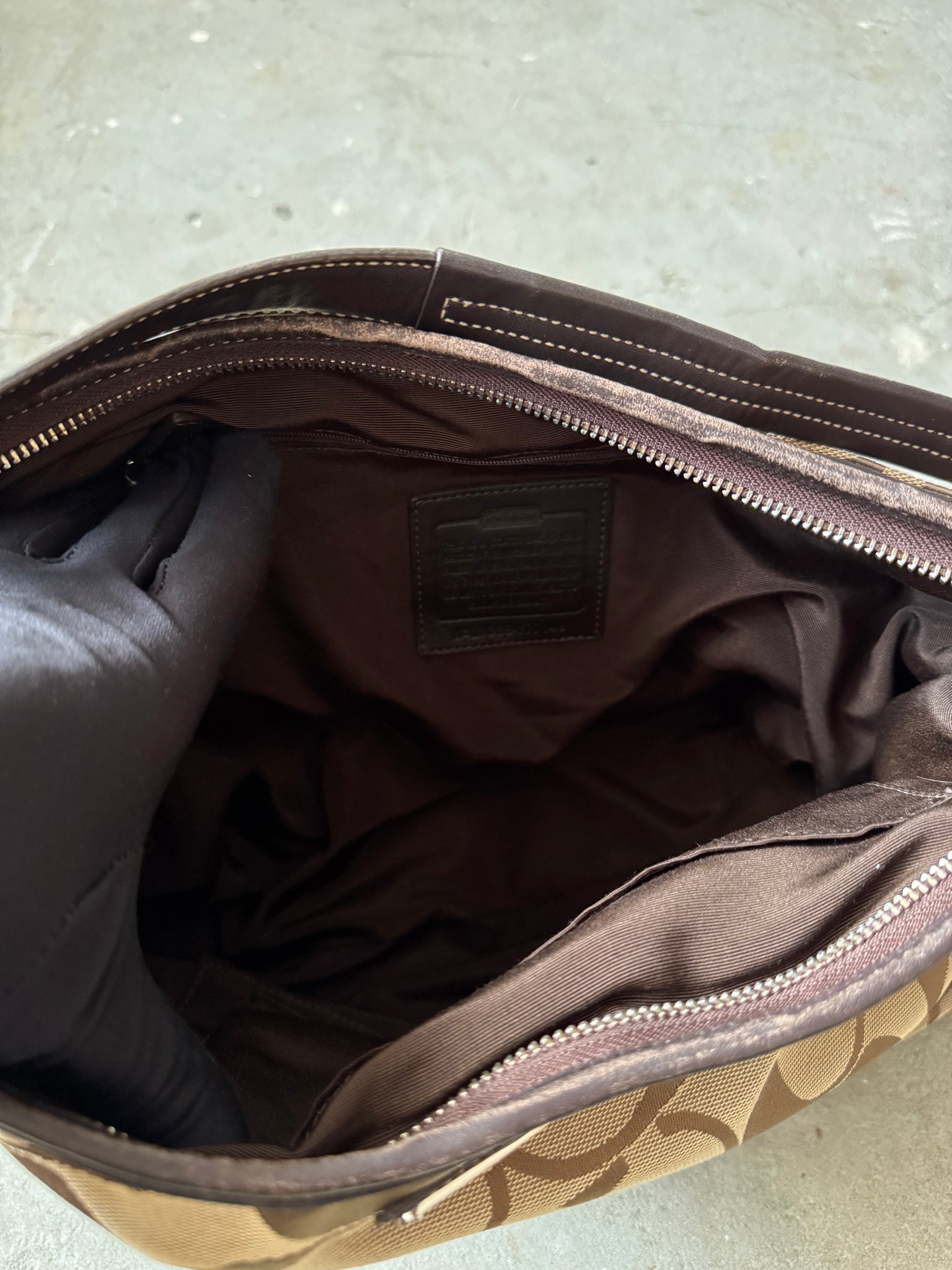 Coach 2Way Signature Large Stripe Shoulder Bag Beige/Brown