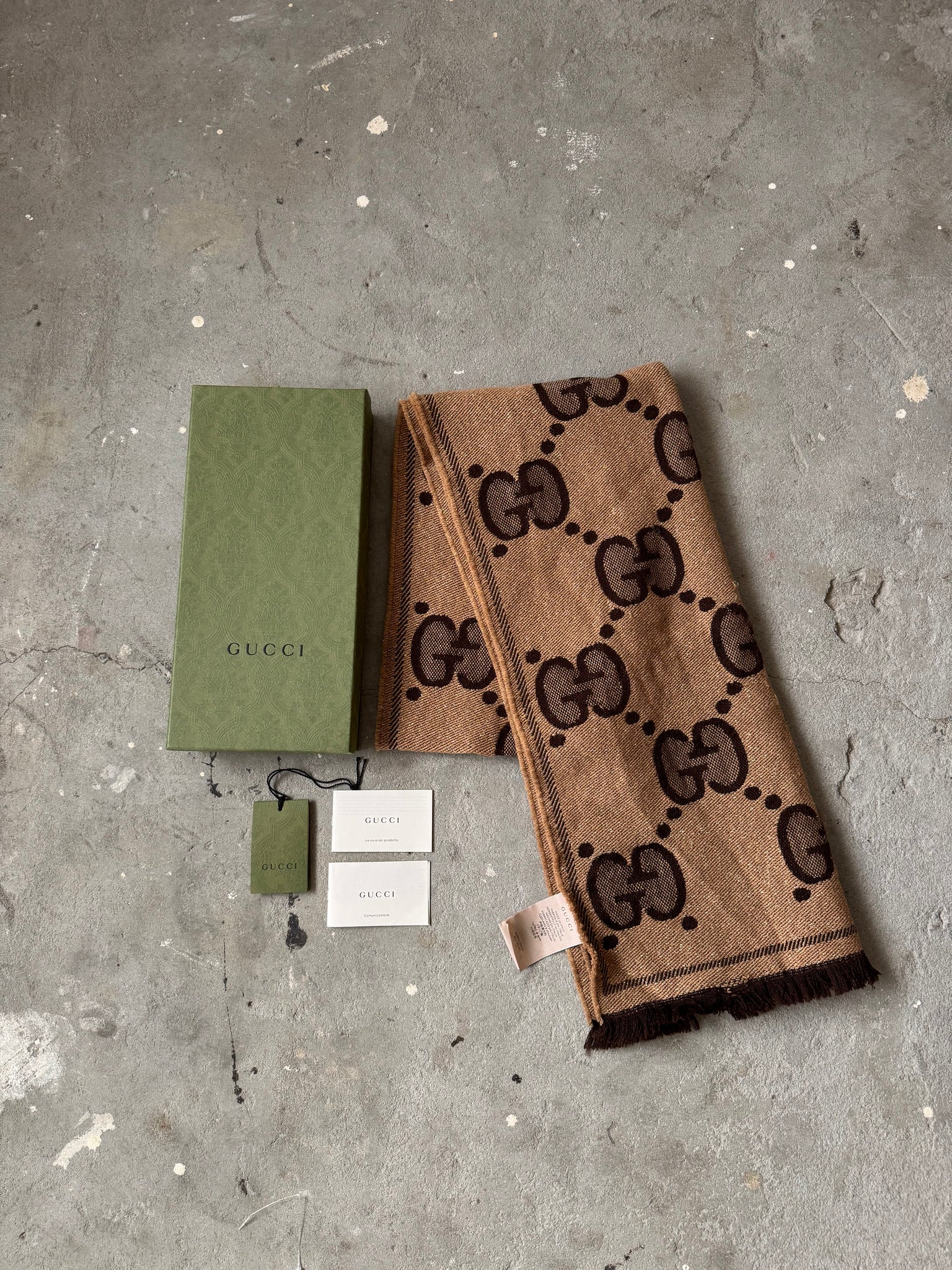 Gucci GG Monogram Wool Silk Blend Scarf Brown
