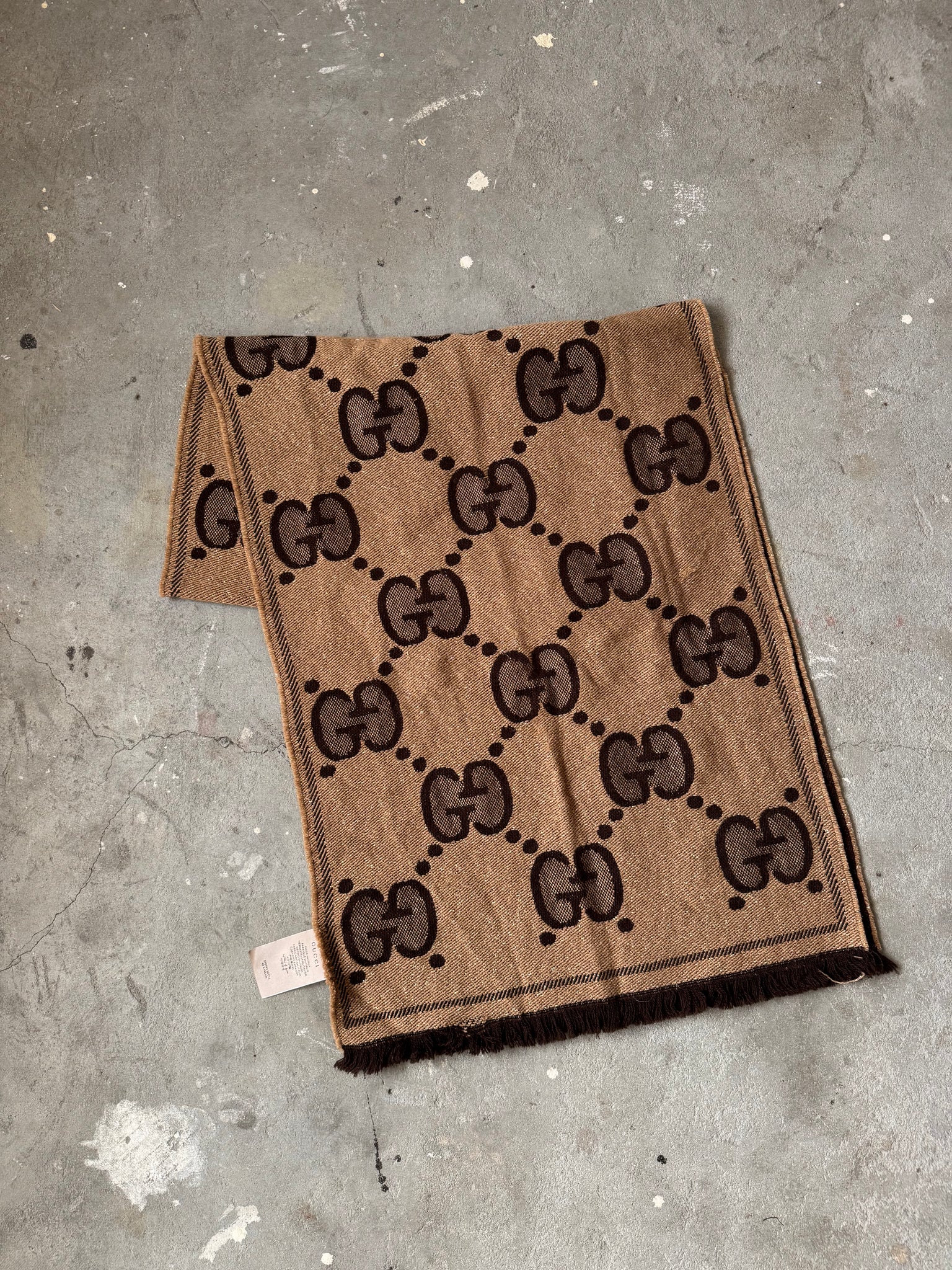 Gucci GG Monogram Wool Silk Blend Scarf Brown