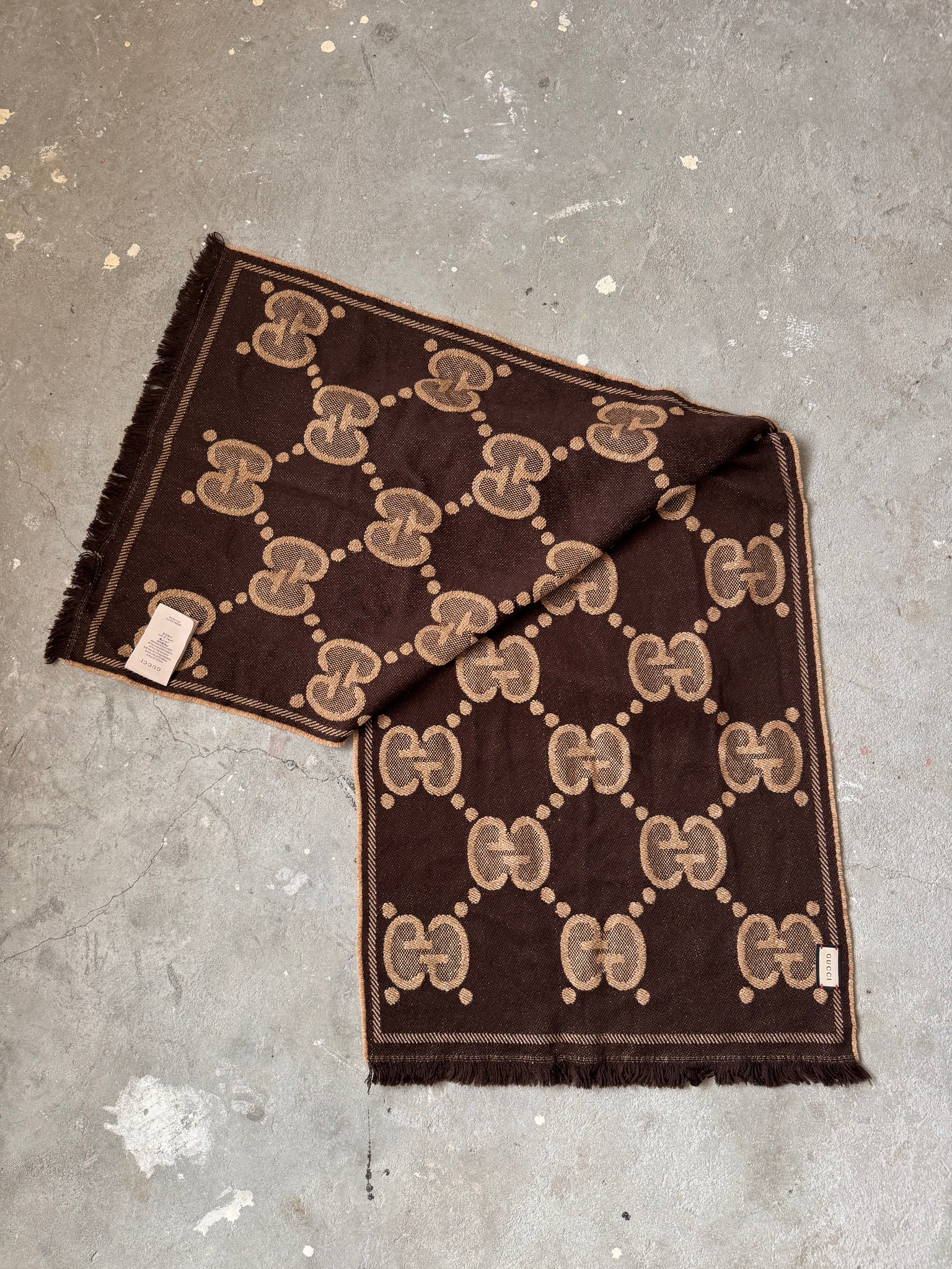 Gucci GG Monogram Wool Silk Blend Scarf Brown