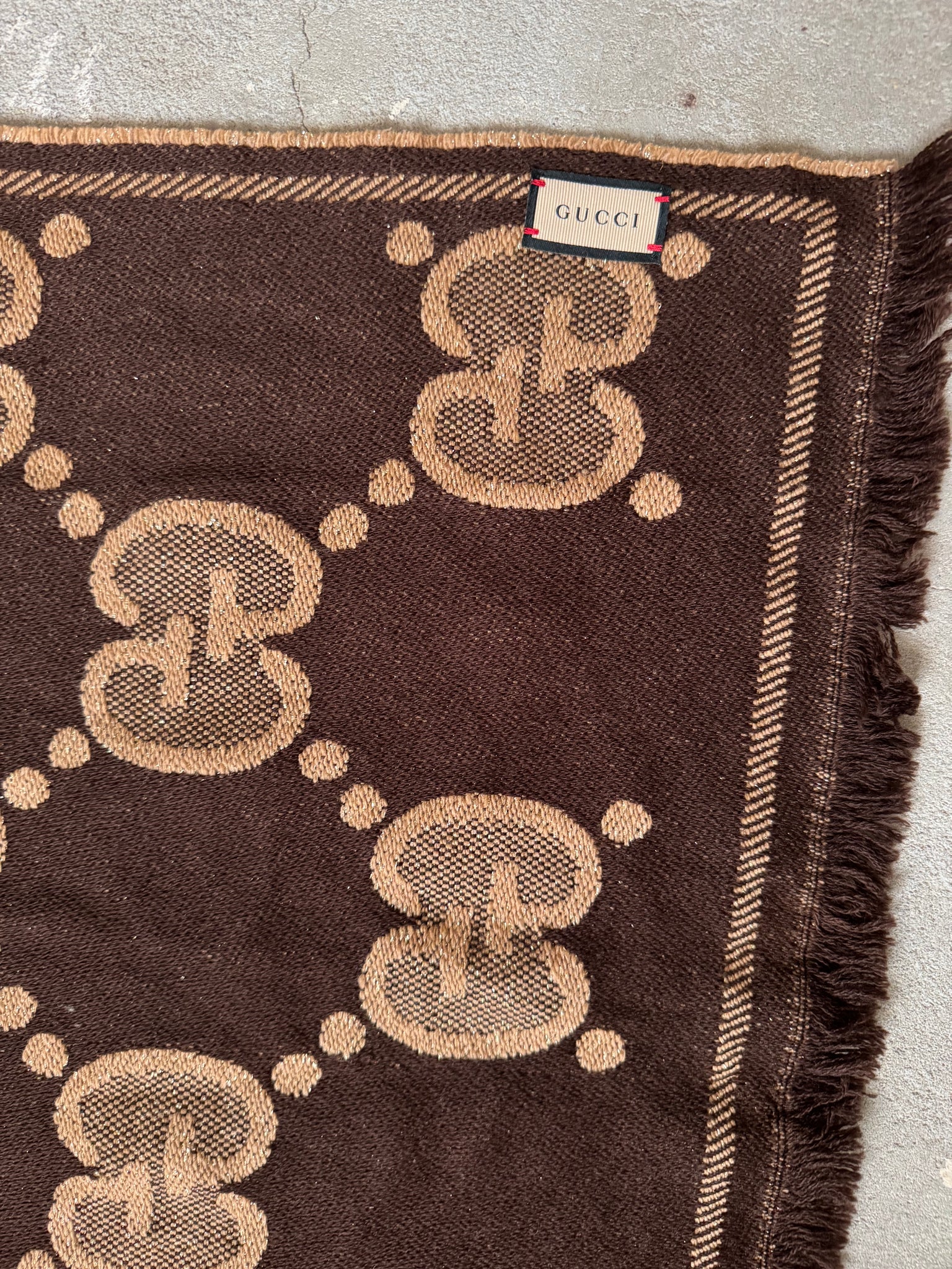 Gucci GG Monogram Wool Silk Blend Scarf Brown