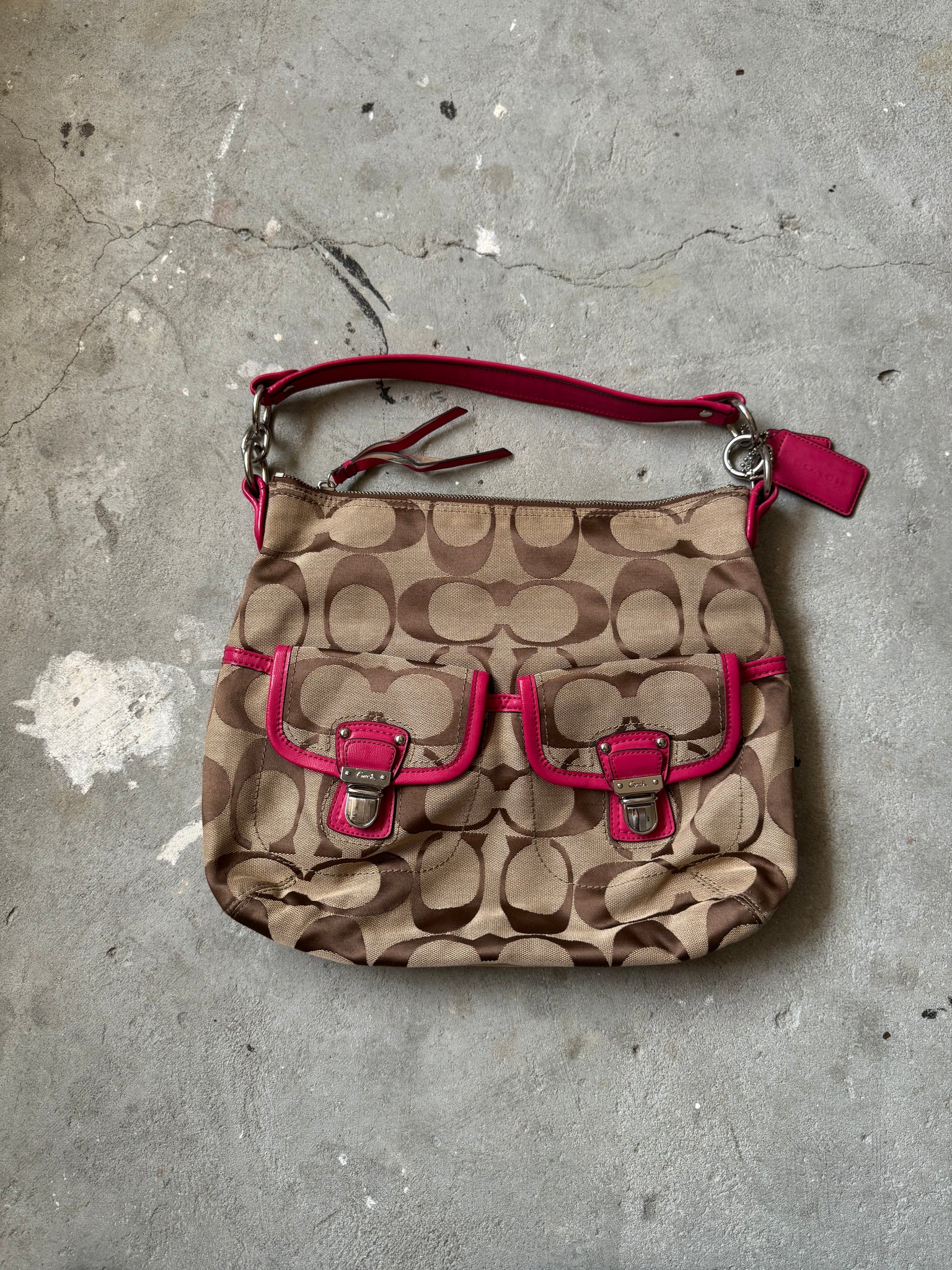 Coach 2Way Signature Pocket Hobo Daisy Shoulder Bag Beige/Pink