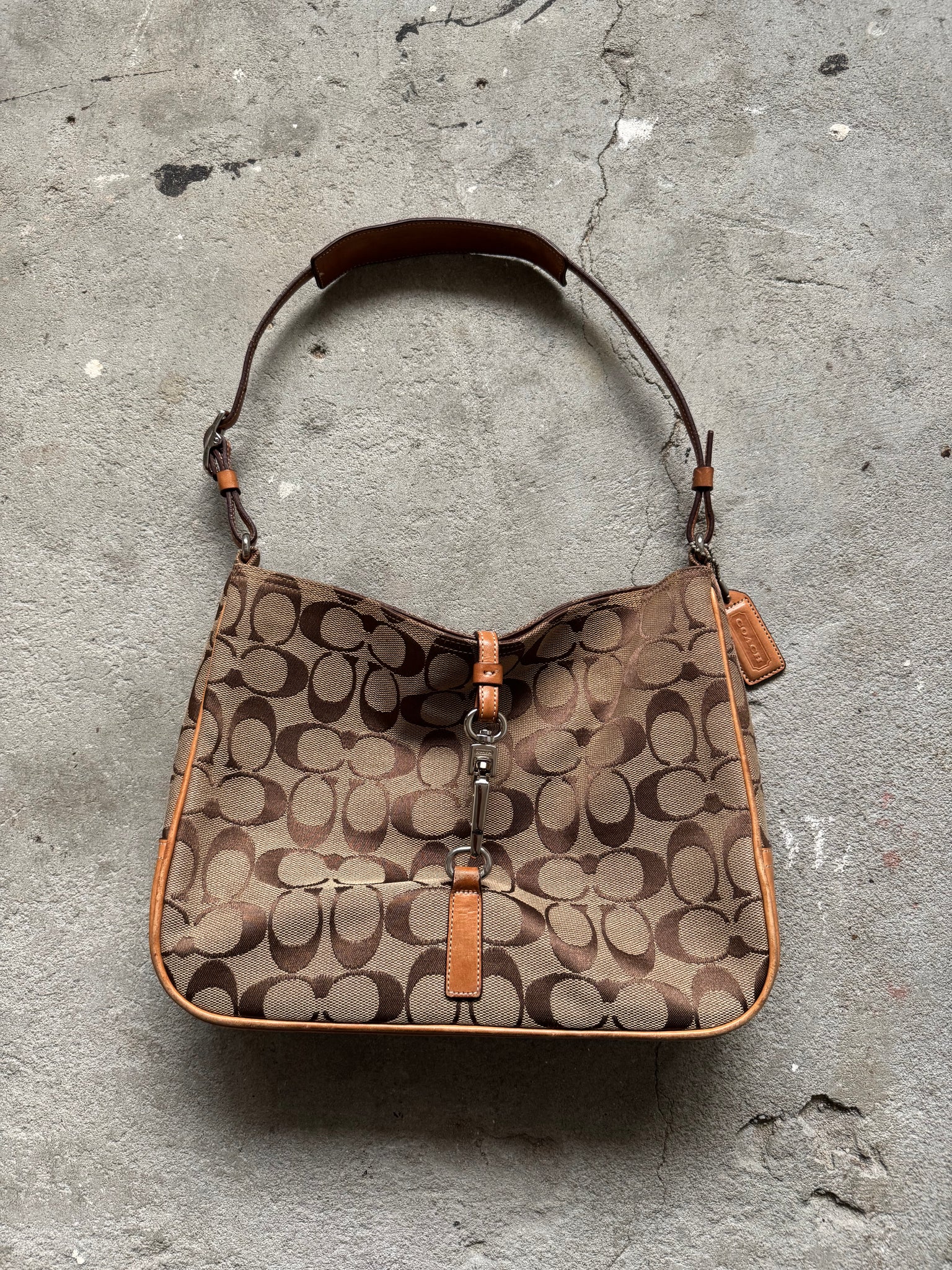 Coach Hobo Signature Clip Canvas Handbag Beige