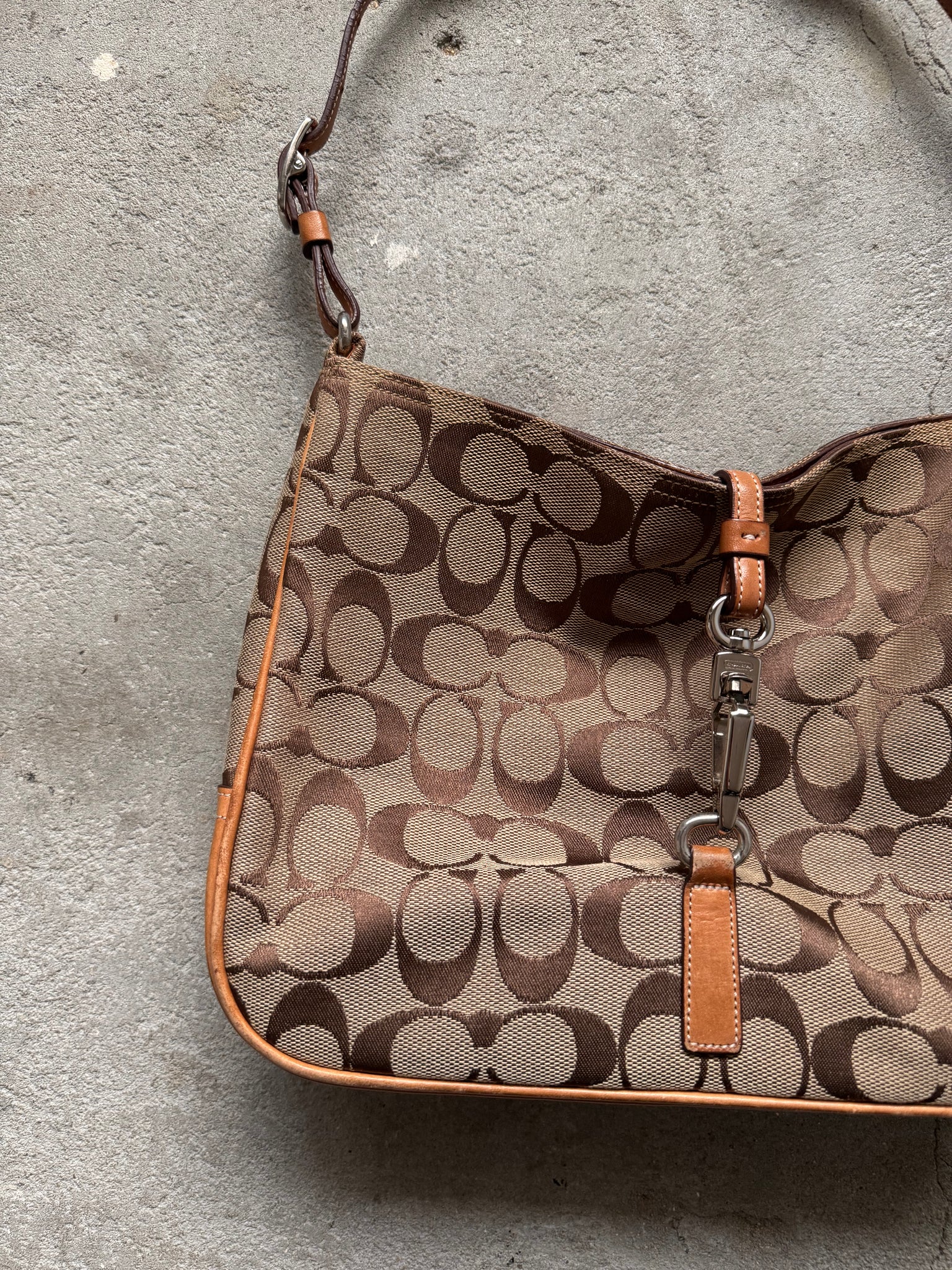 Coach Hobo Signature Clip Canvas Handbag Beige