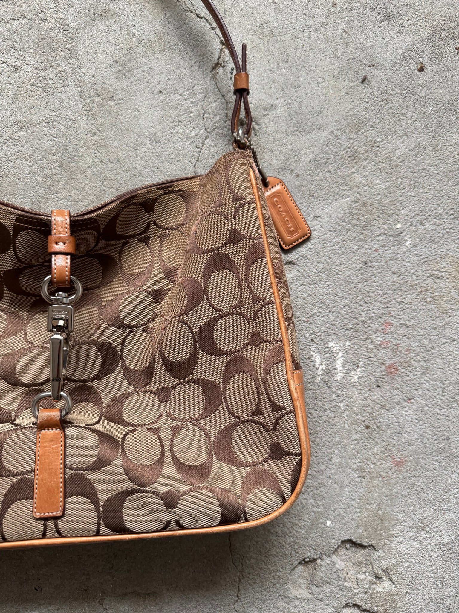 Coach Hobo Signature Clip Canvas Handbag Beige