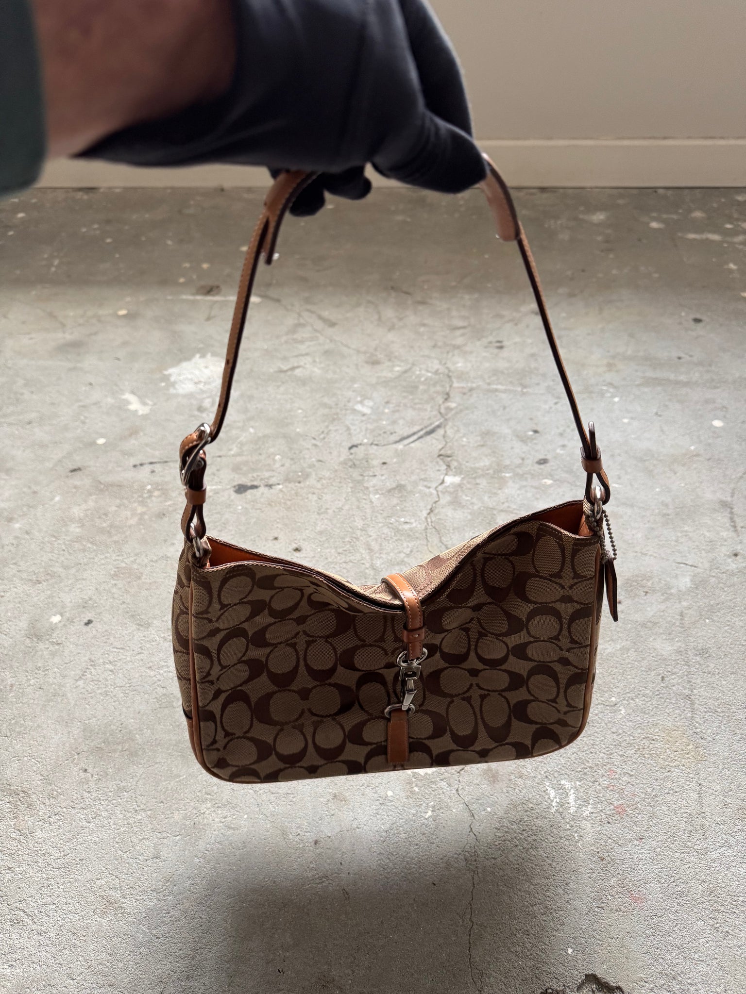Coach Hobo Signature Clip Canvas Handbag Beige
