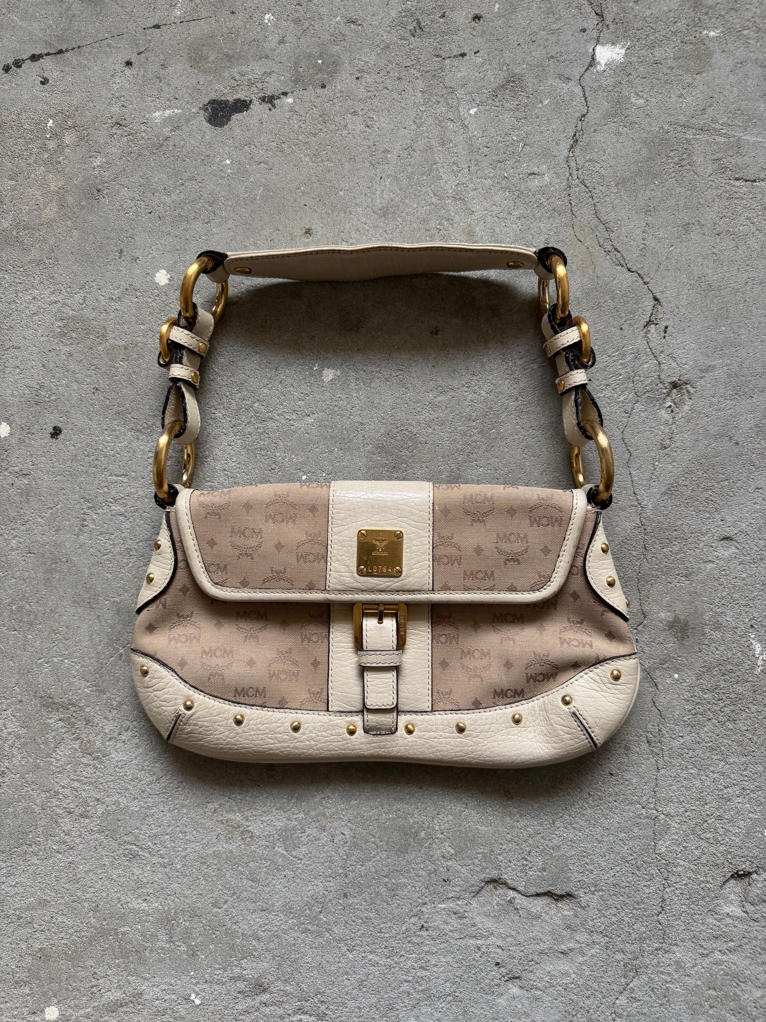 MCM Monogram Shoulder Bag Beige/White