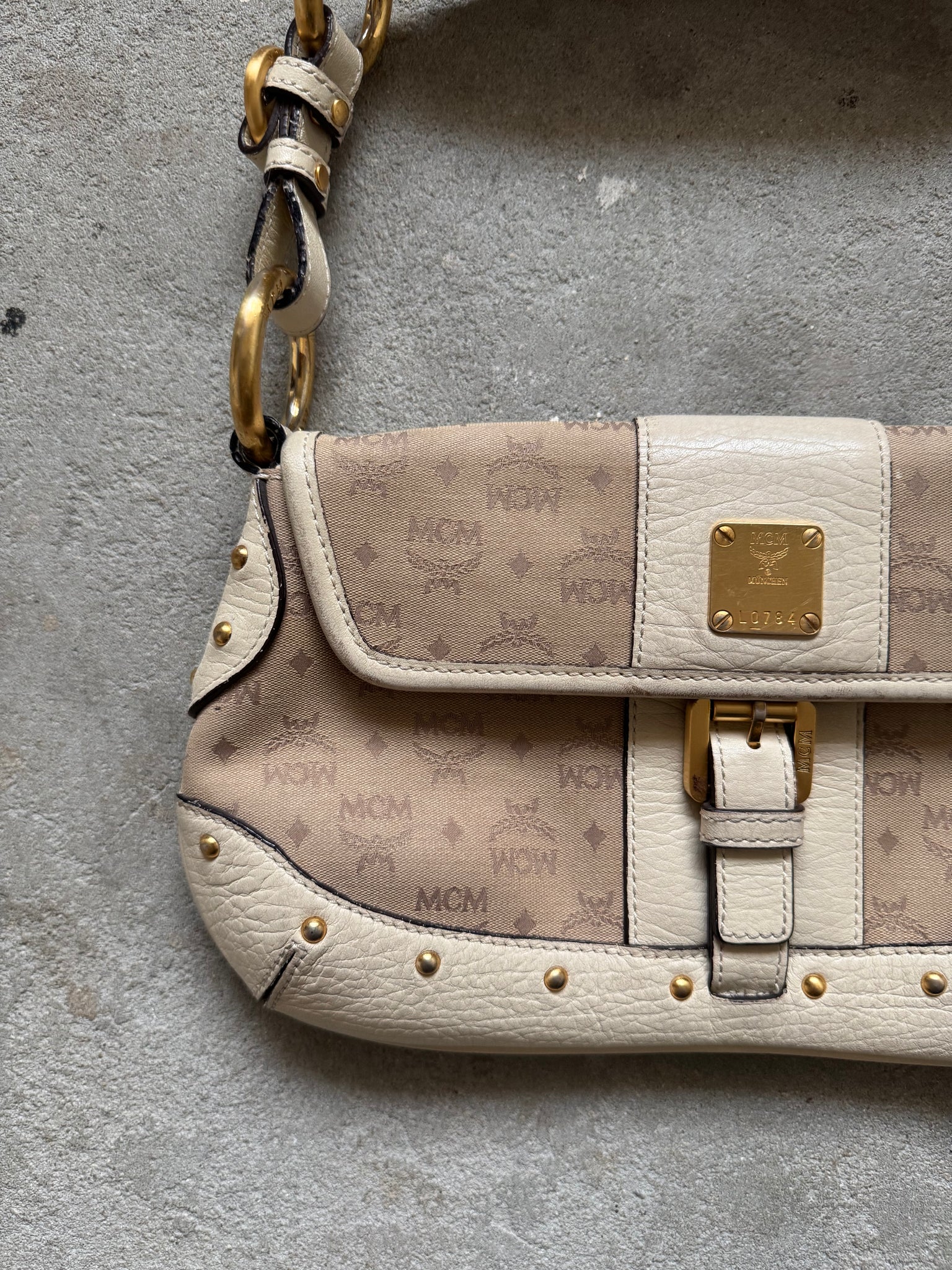 MCM Monogram Shoulder Bag Beige/White