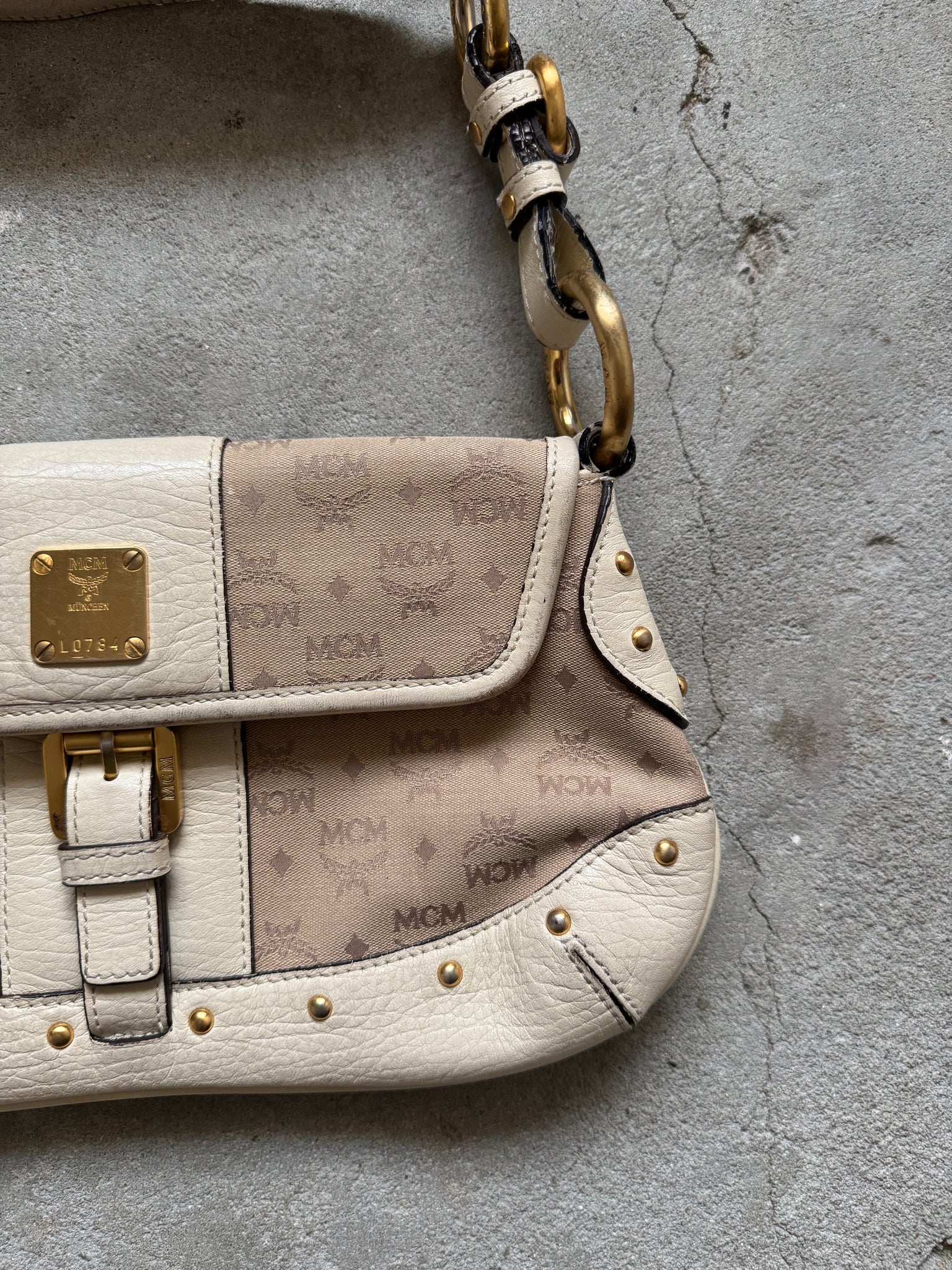 MCM Monogram Shoulder Bag Beige/White