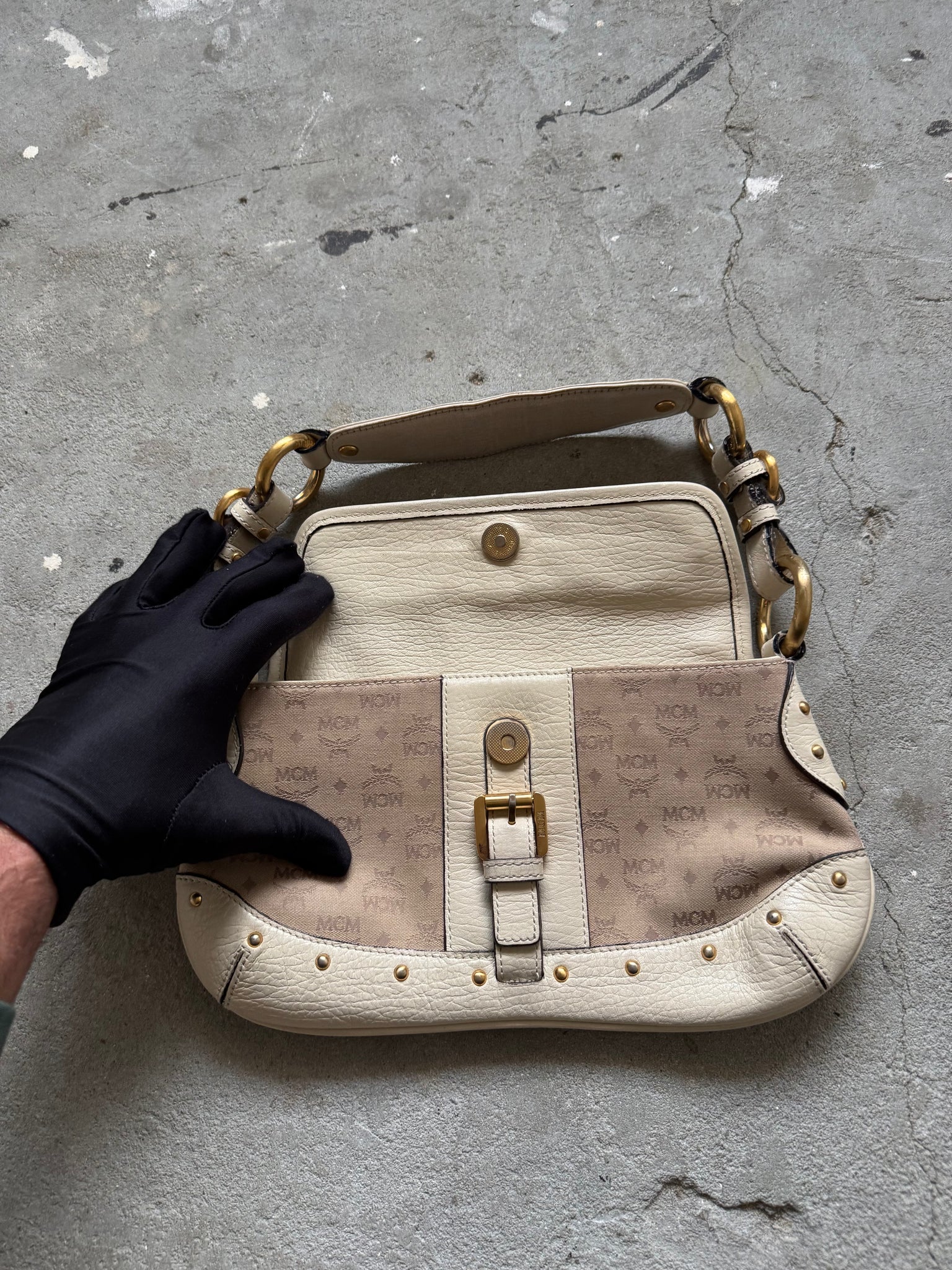 MCM Monogram Shoulder Bag Beige/White