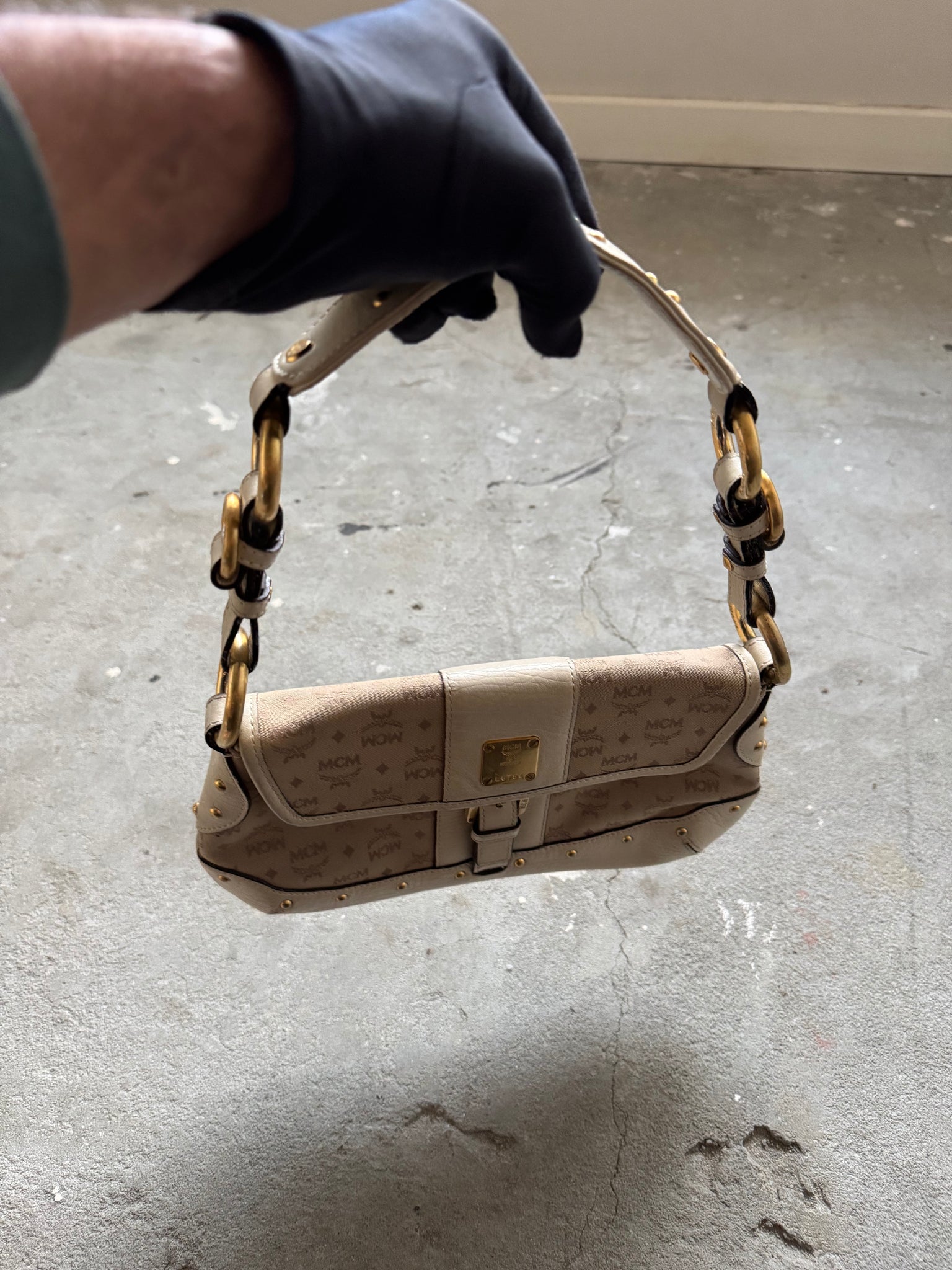 MCM Monogram Shoulder Bag Beige/White