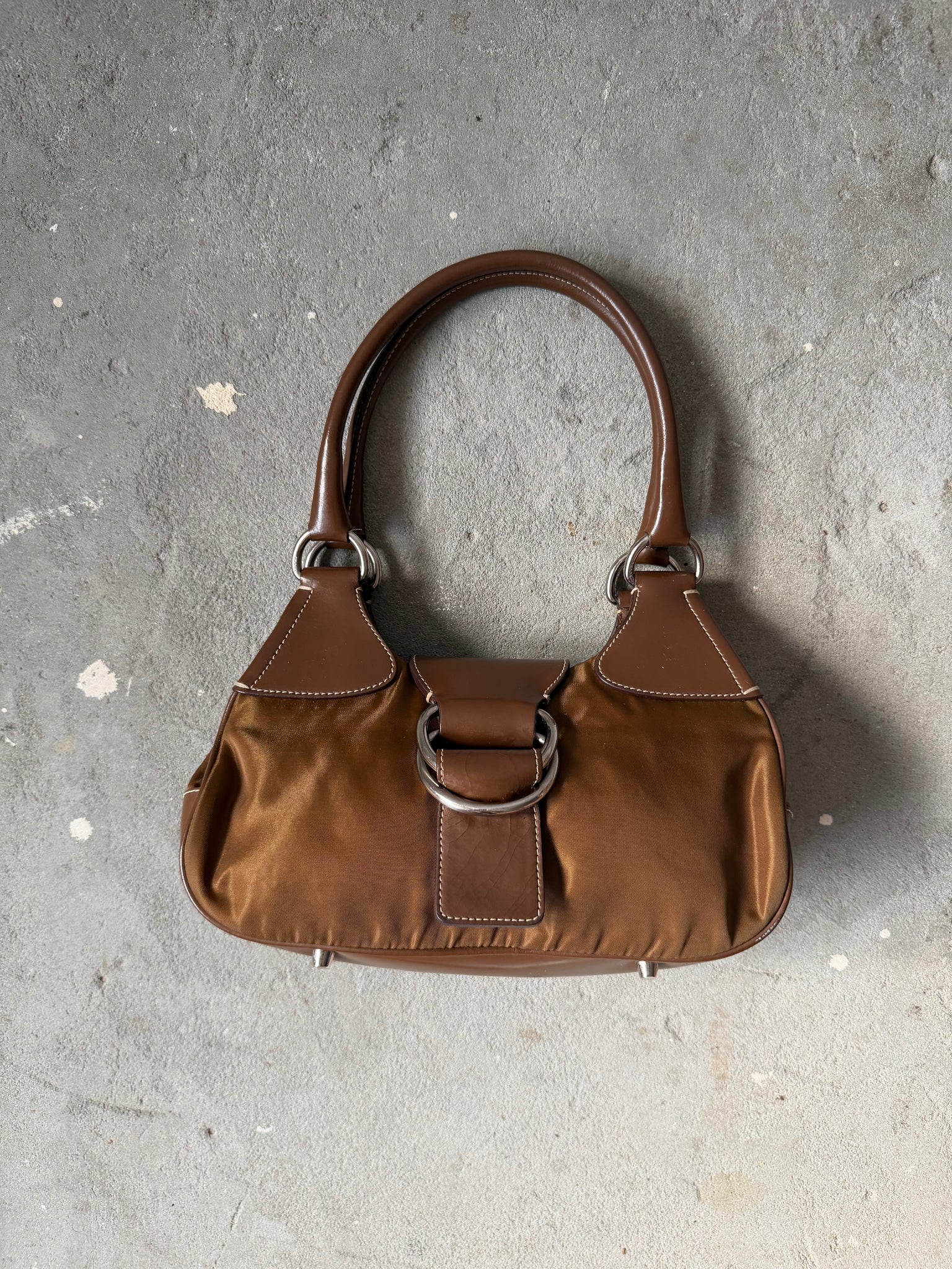 Prada Enamelled Moon Shoulder Bag Brown