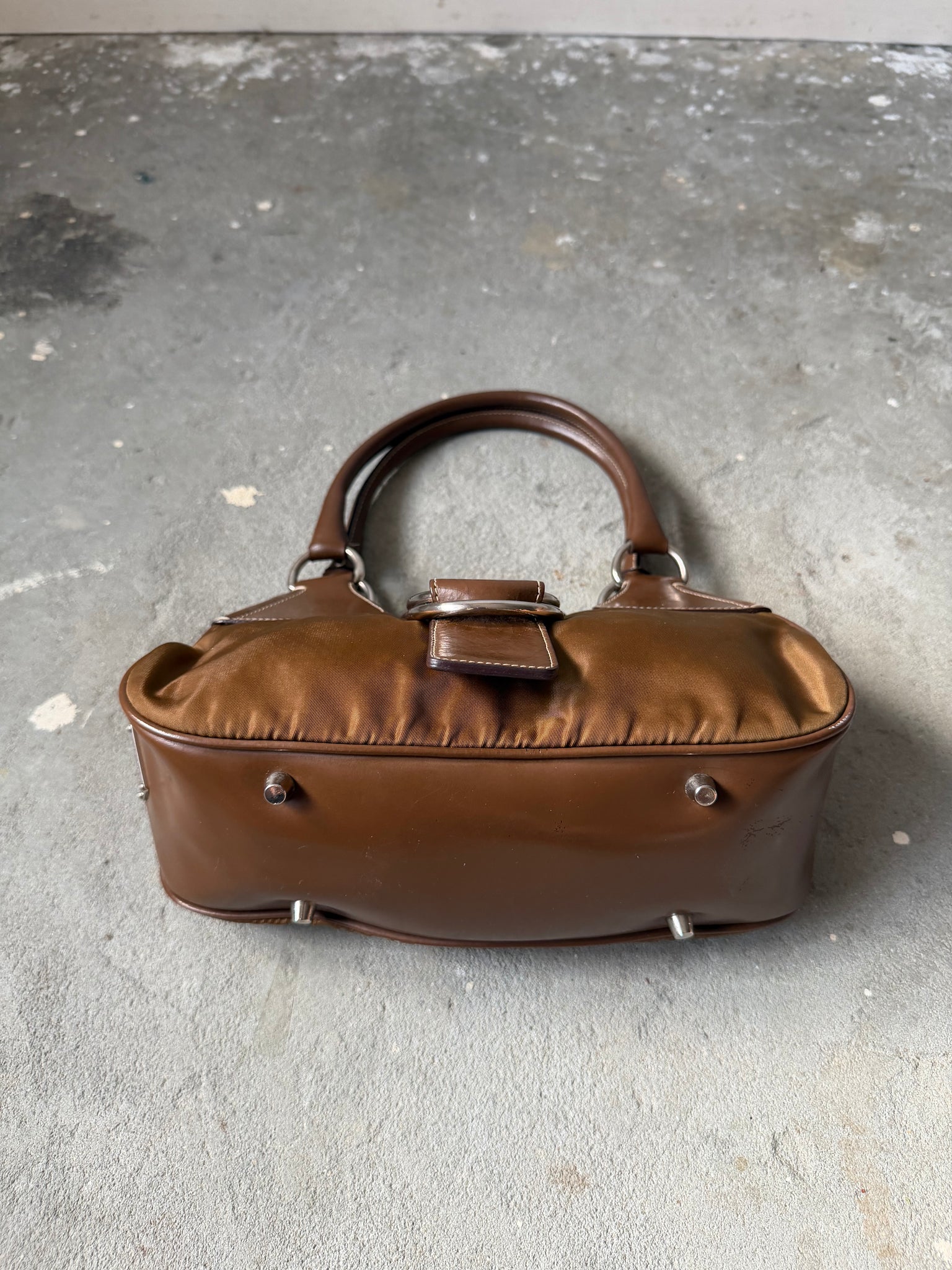 Prada Enamelled Moon Shoulder Bag Brown