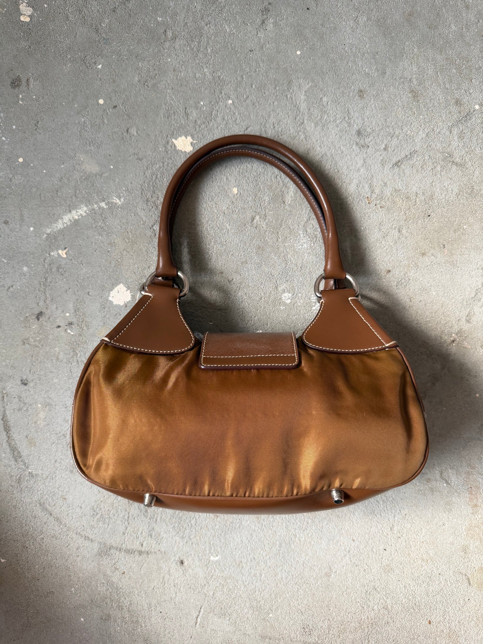 Prada Enamelled Moon Shoulder Bag Brown