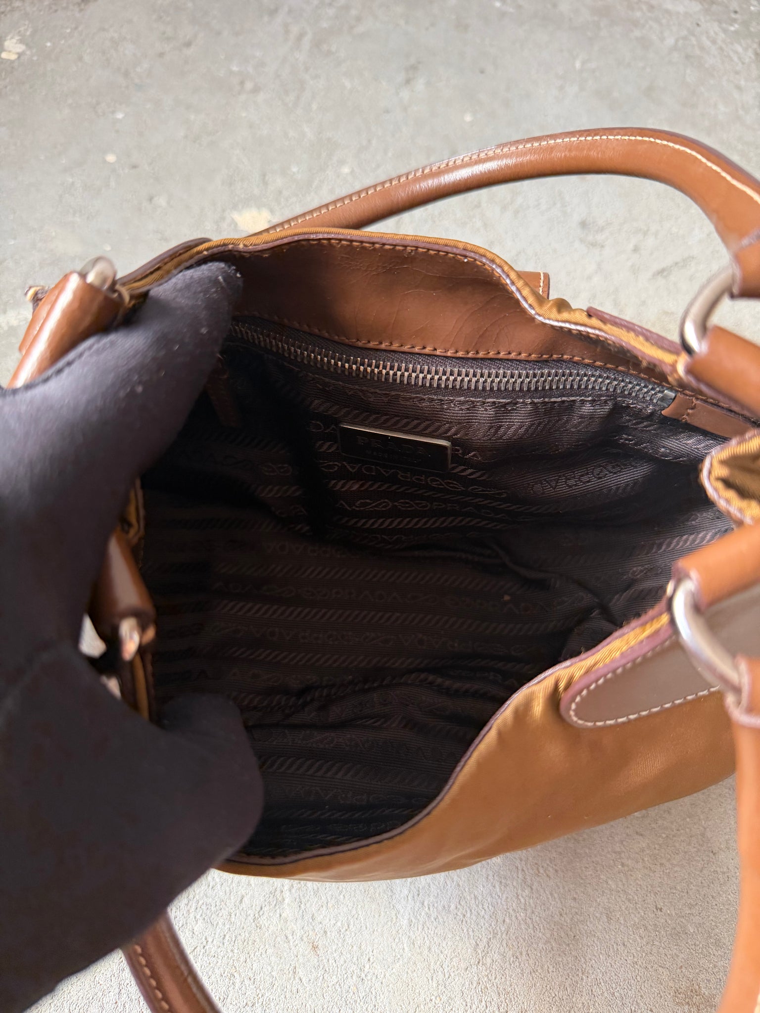 Prada Enamelled Moon Shoulder Bag Brown