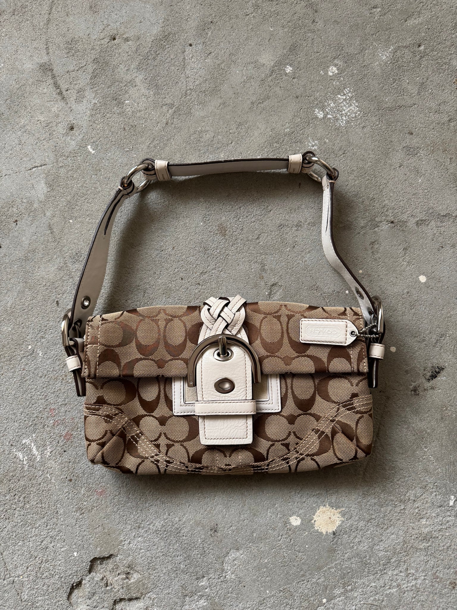 Coach Signature Soho Flap Shoulder Bag Beige/White