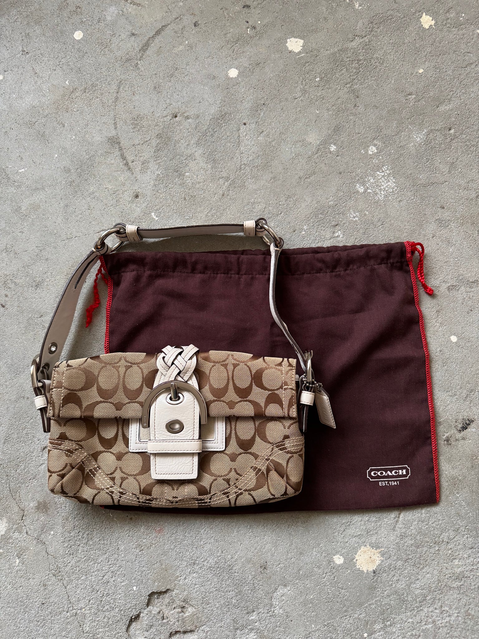 Coach Signature Soho Flap Shoulder Bag Beige/White