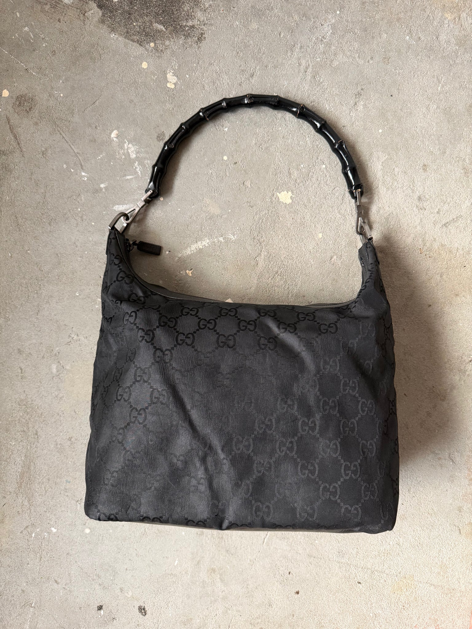 Gucci GG Monogram Bamboo Nylon Shoulder Bag Black