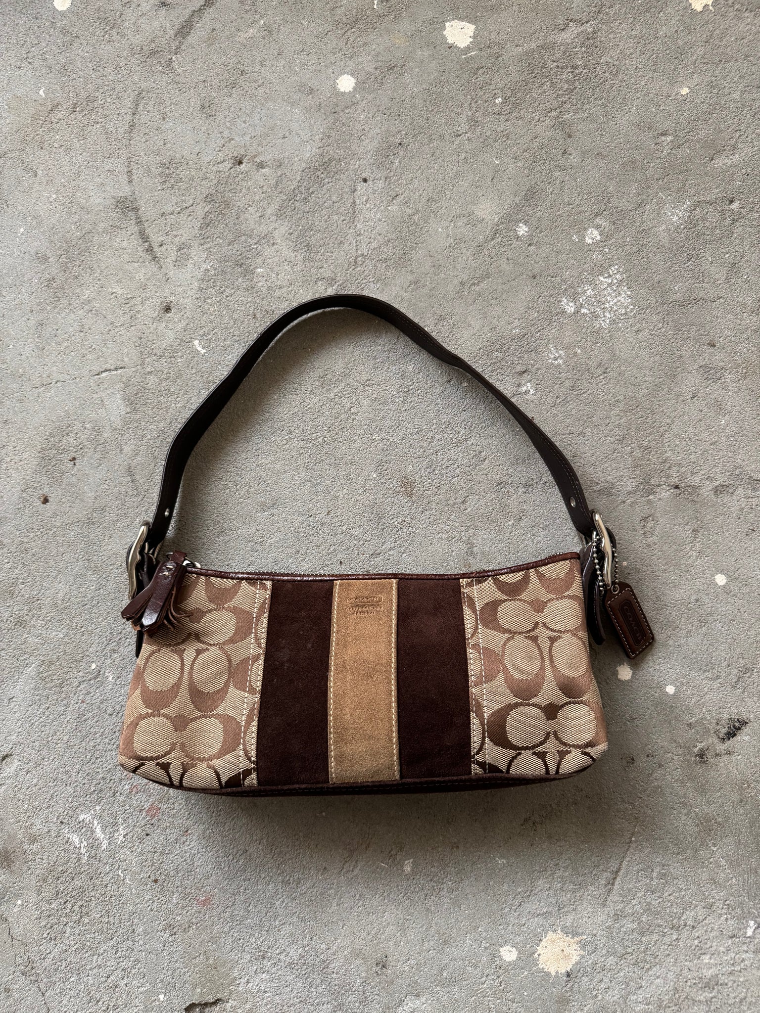 Coach Signature Hampton Strip Baguette Shoulder Bag Beige