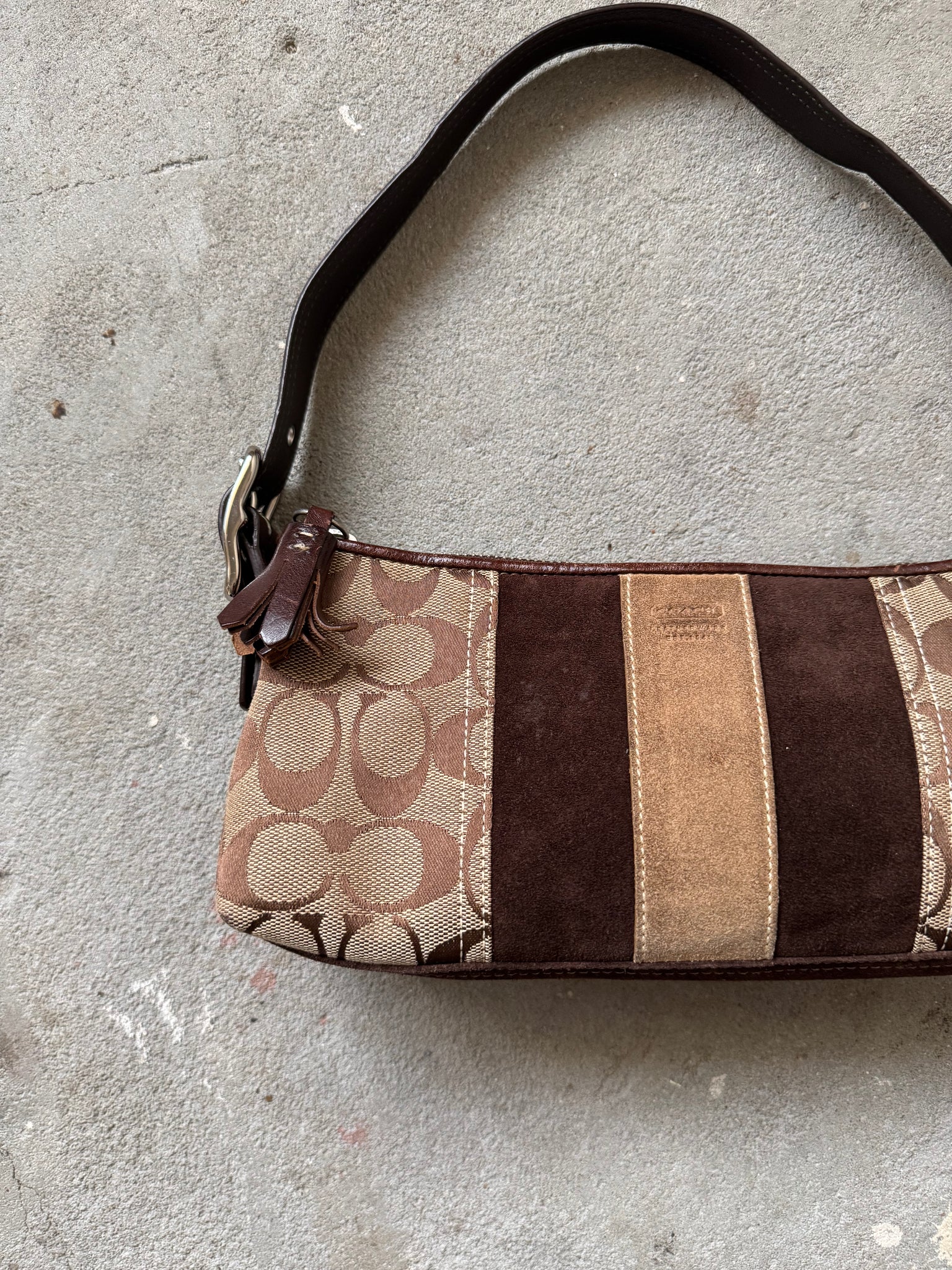 Coach Signature Hampton Strip Baguette Shoulder Bag Beige
