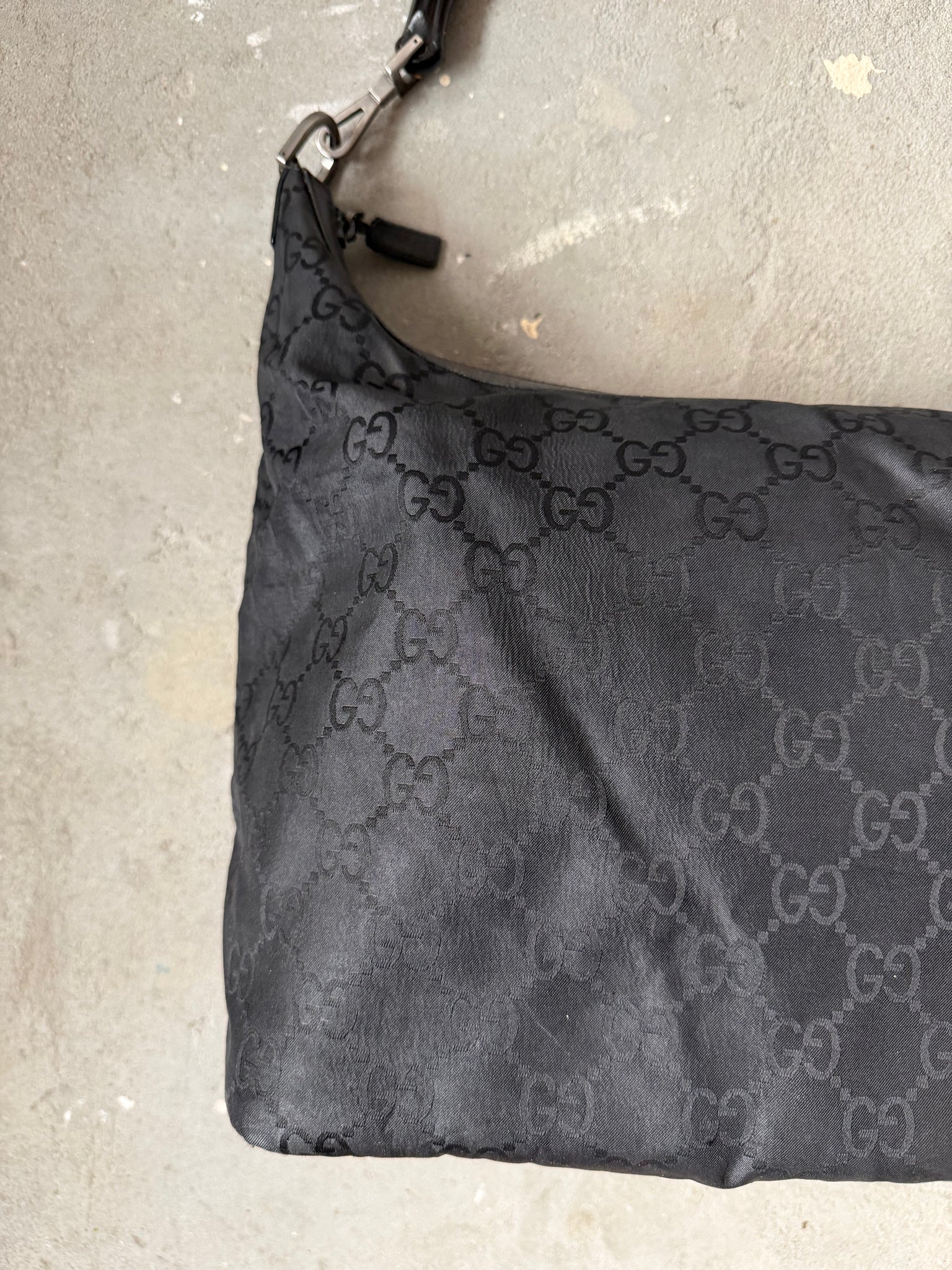 Gucci GG Monogram Bamboo Nylon Shoulder Bag Black