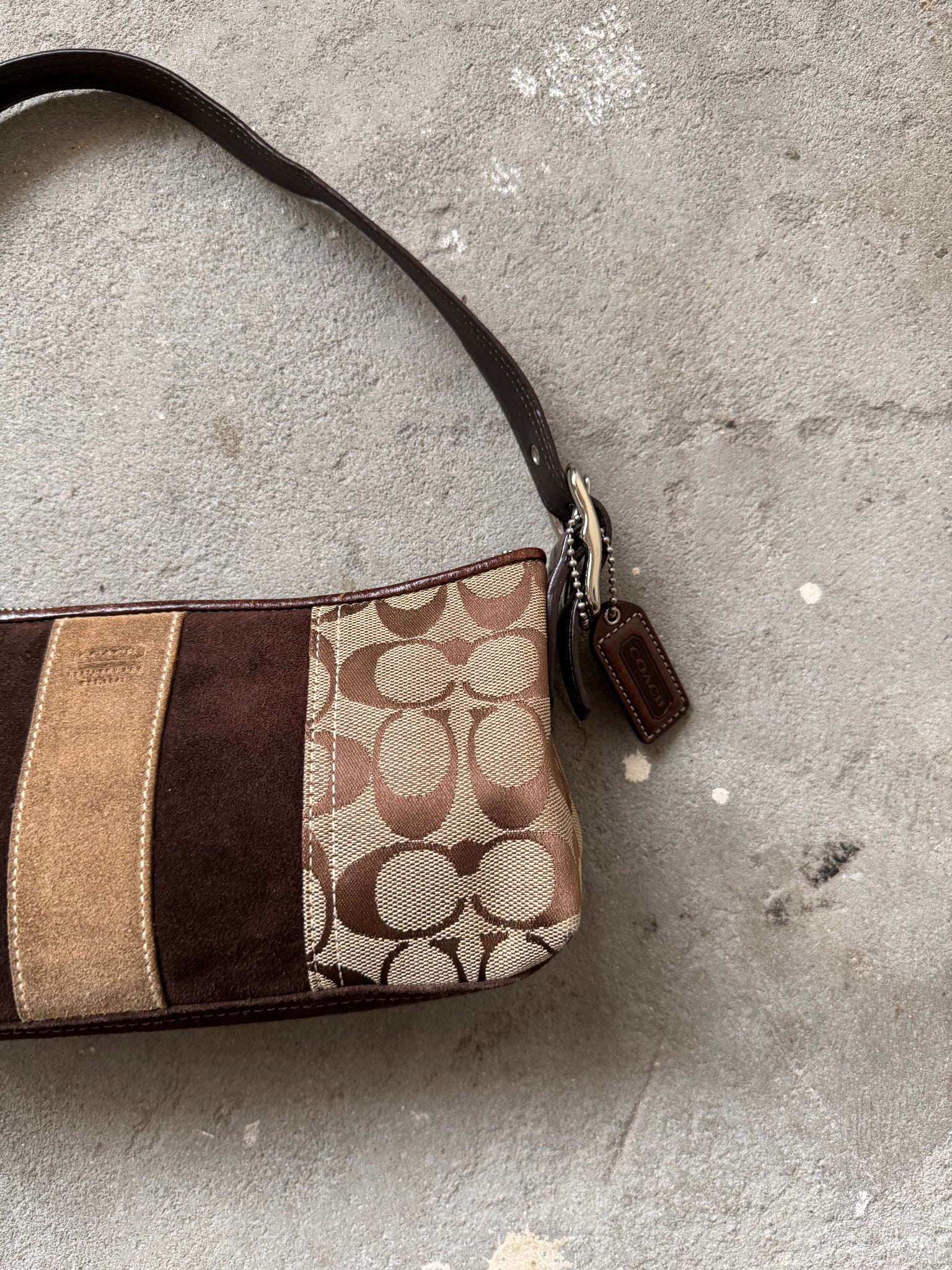 Coach Signature Hampton Strip Baguette Shoulder Bag Beige