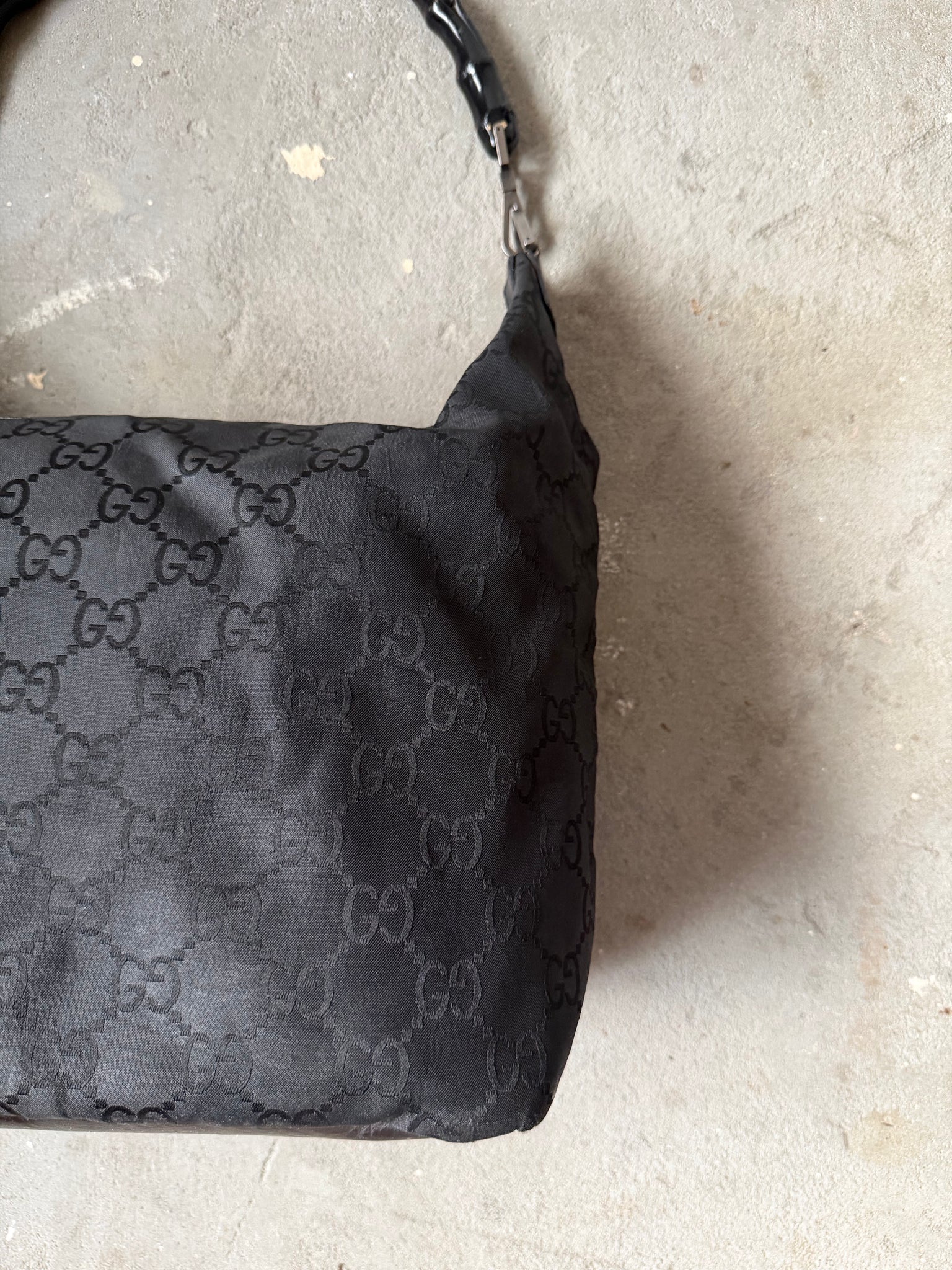 Gucci GG Monogram Bamboo Nylon Shoulder Bag Black