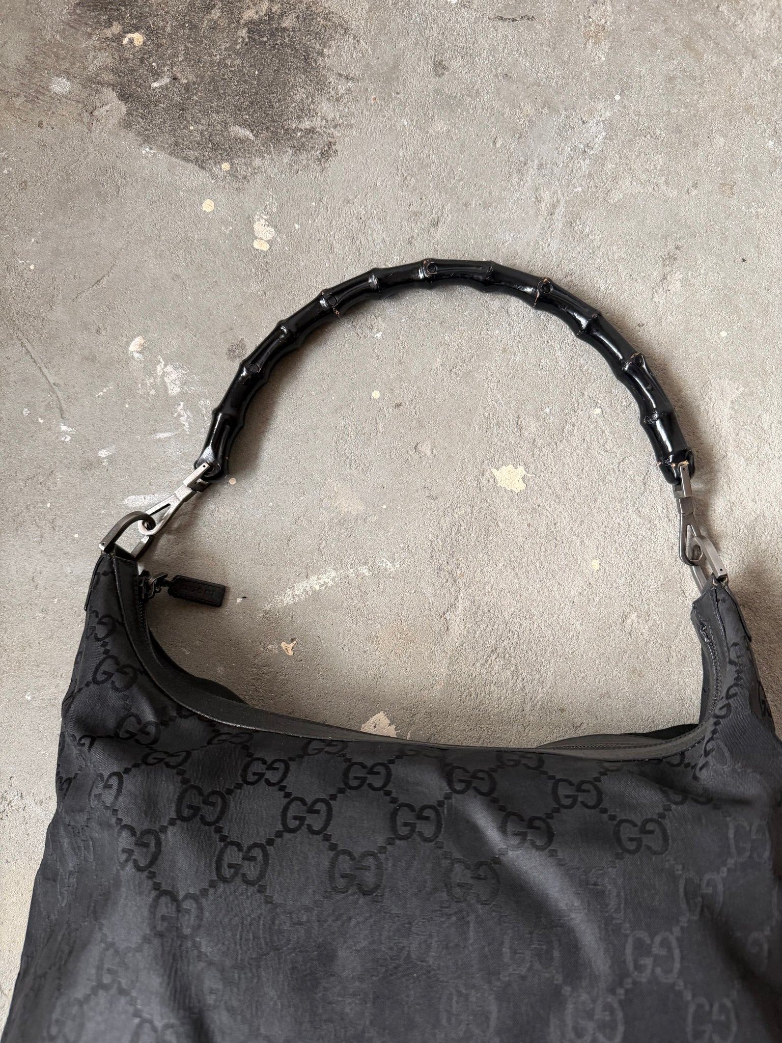 Gucci GG Monogram Bamboo Nylon Shoulder Bag Black