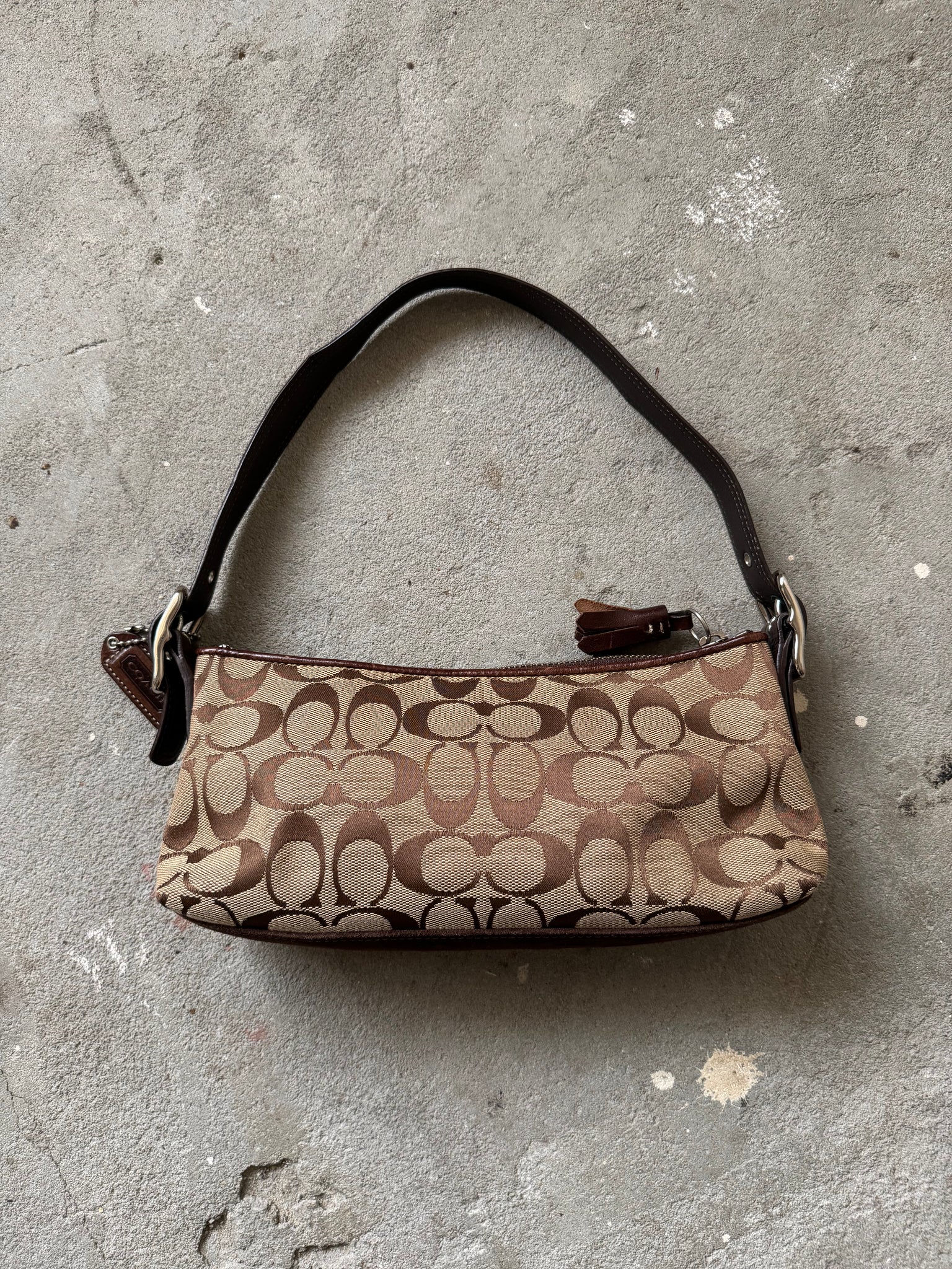 Coach Signature Hampton Strip Baguette Shoulder Bag Beige