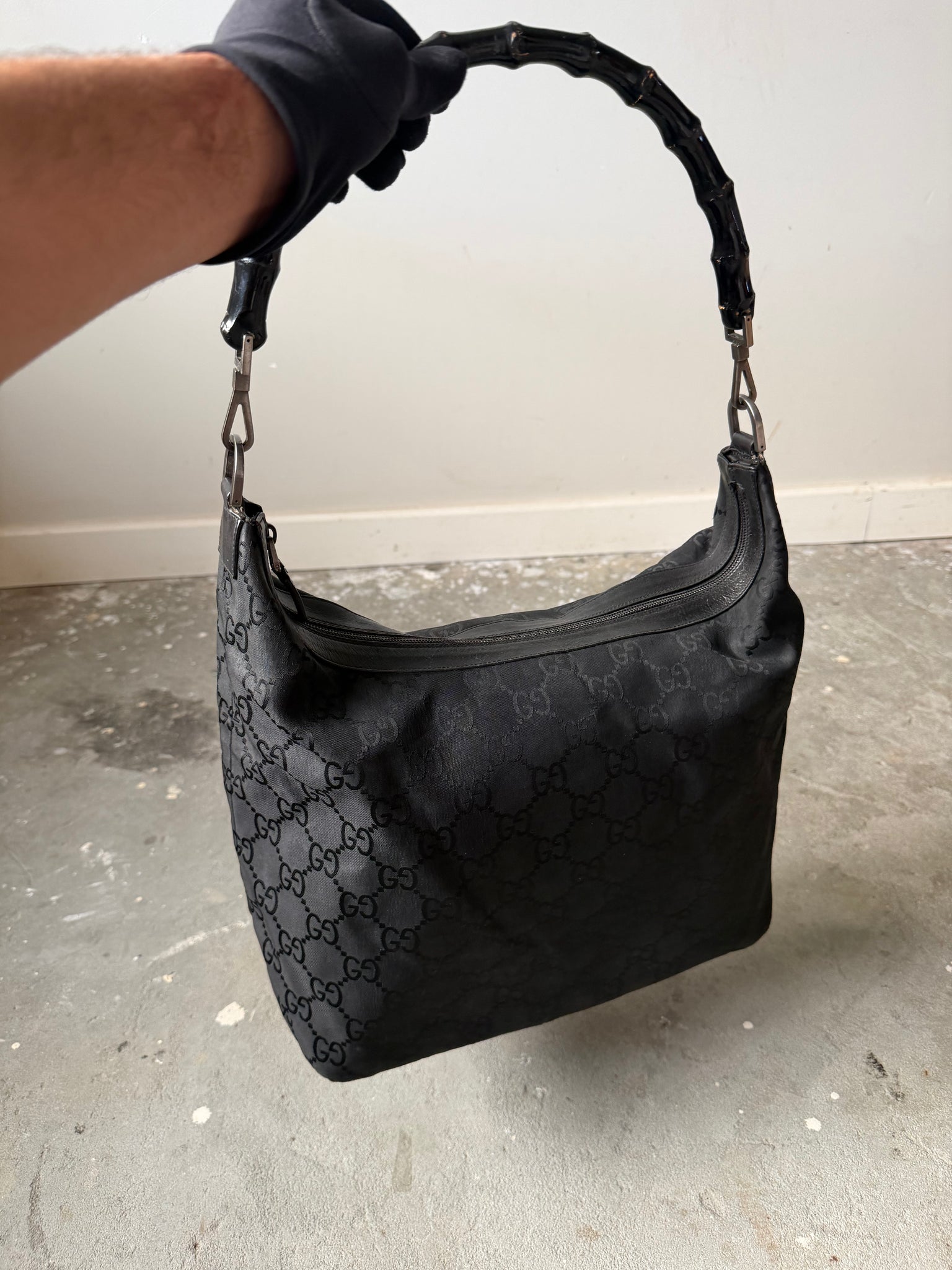 Gucci GG Monogram Bamboo Nylon Shoulder Bag Black